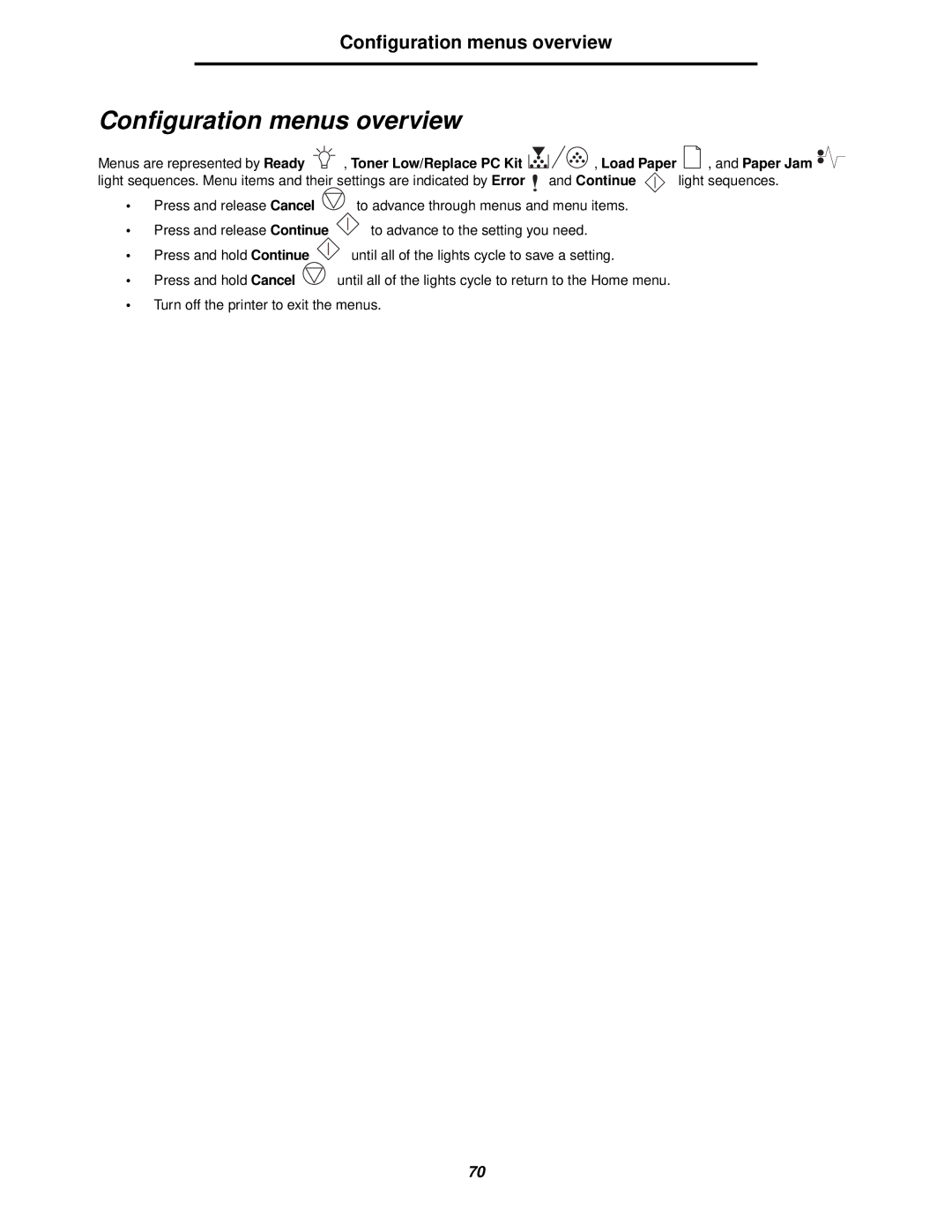 Lexmark 238 manual Configuration menus overview, Toner Low/Replace PC Kit Load Paper, Continue 