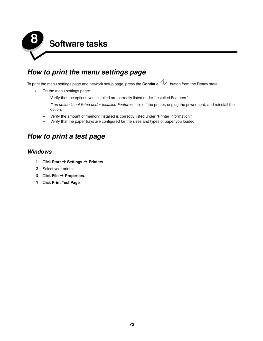 Lexmark 238 manual Software tasks, How to print the menu settings, How to print a test, Windows 