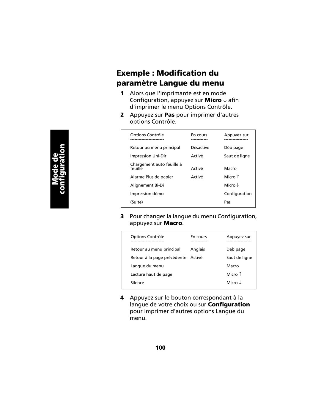 Lexmark 2400 manual Exemple Modification du paramètre Langue du menu, 100 