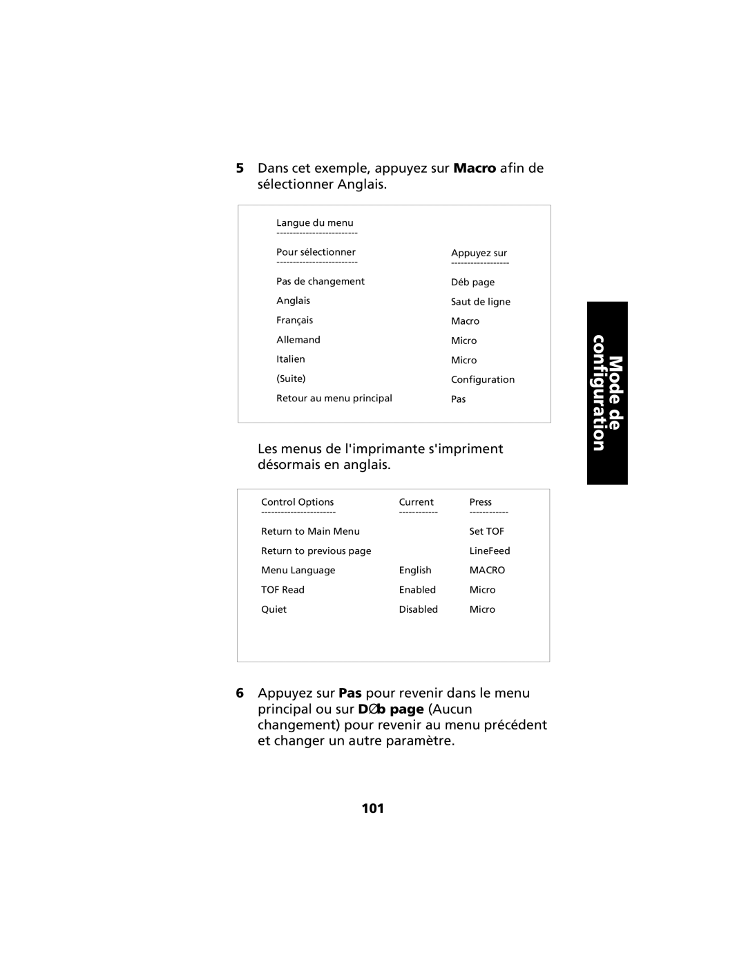 Lexmark 2400 manual Les menus de limprimante simpriment désormais en anglais, 101 