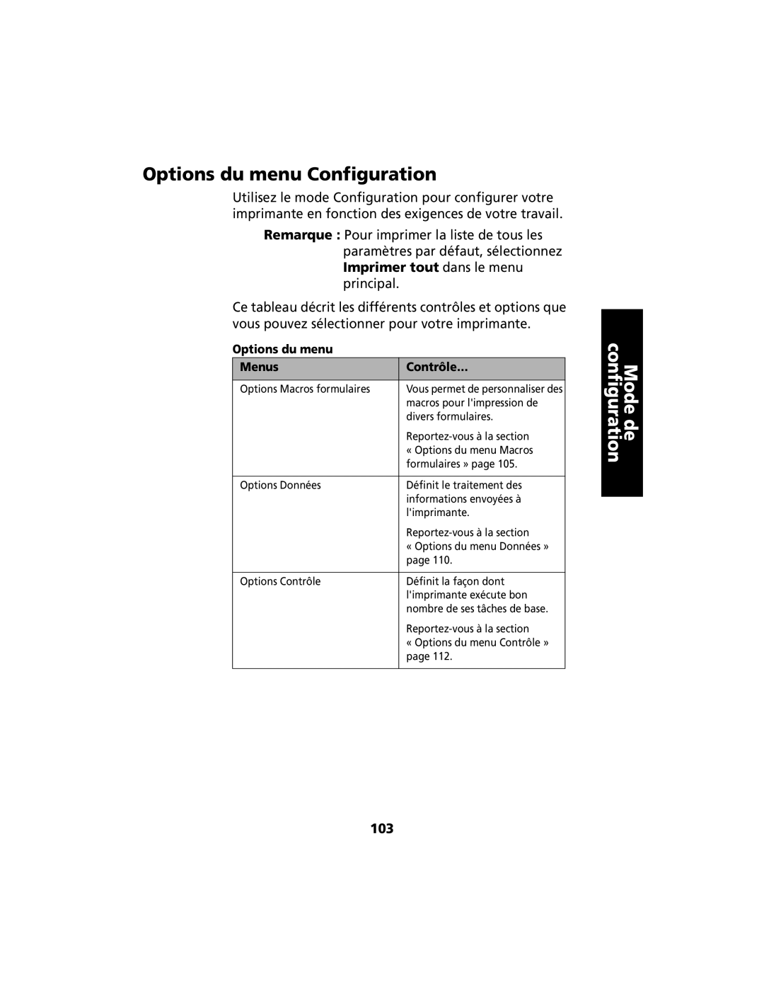 Lexmark 2400 manual Options du menu Configuration, 103, Options du menu Menus Contrôle… 