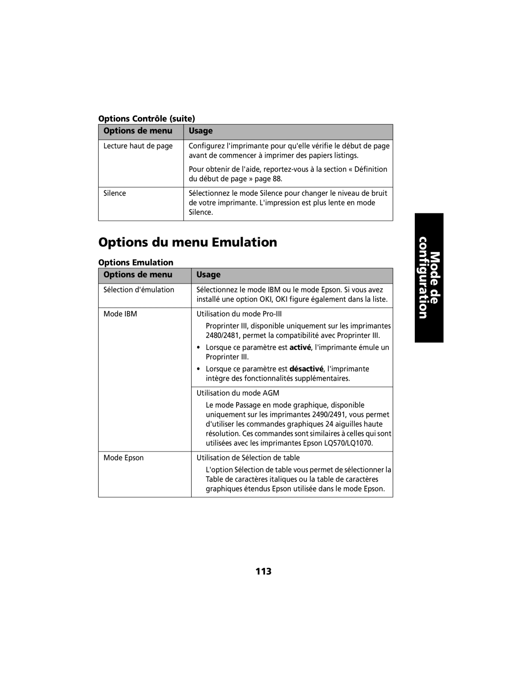 Lexmark 2400 manual Options du menu Emulation, 113, Options Contrôle suite Options de menu Usage 