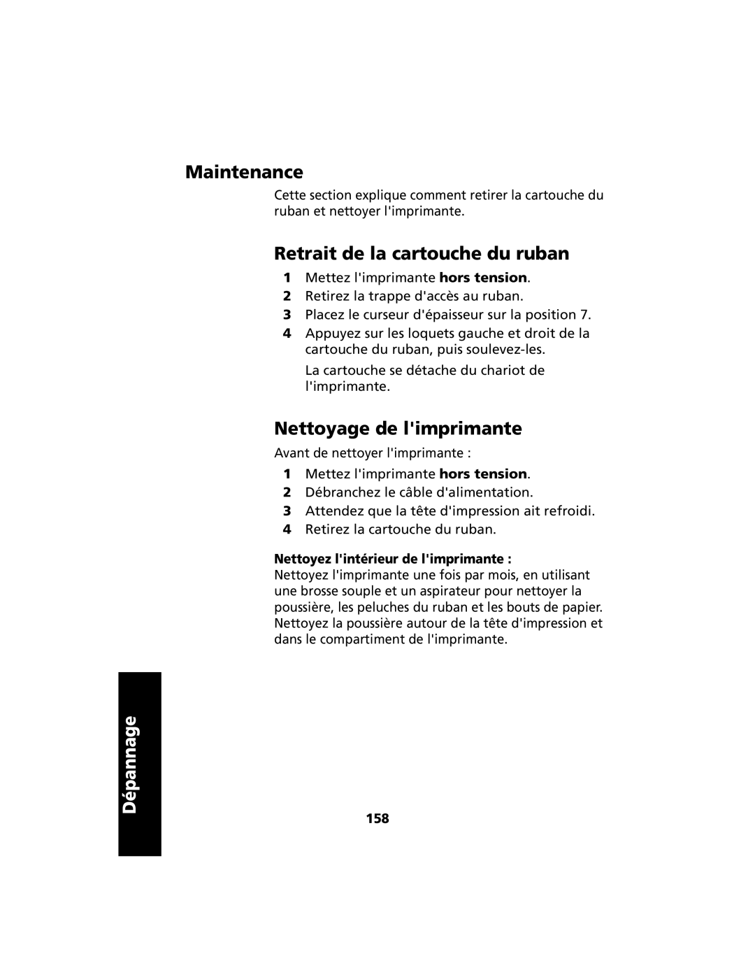 Lexmark 2400 Maintenance, Retrait de la cartouche du ruban, Nettoyage de limprimante, Nettoyez lintérieur de limprimante 