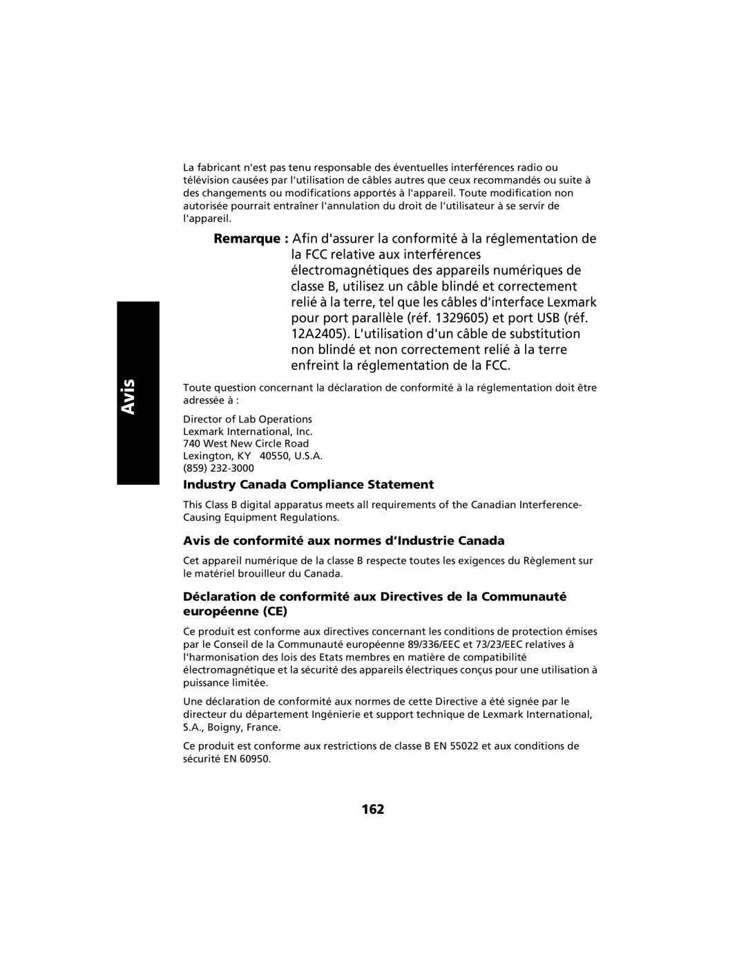 Lexmark 2400 manual 162, Industry Canada Compliance Statement, Avis de conformité aux normes d’Industrie Canada 