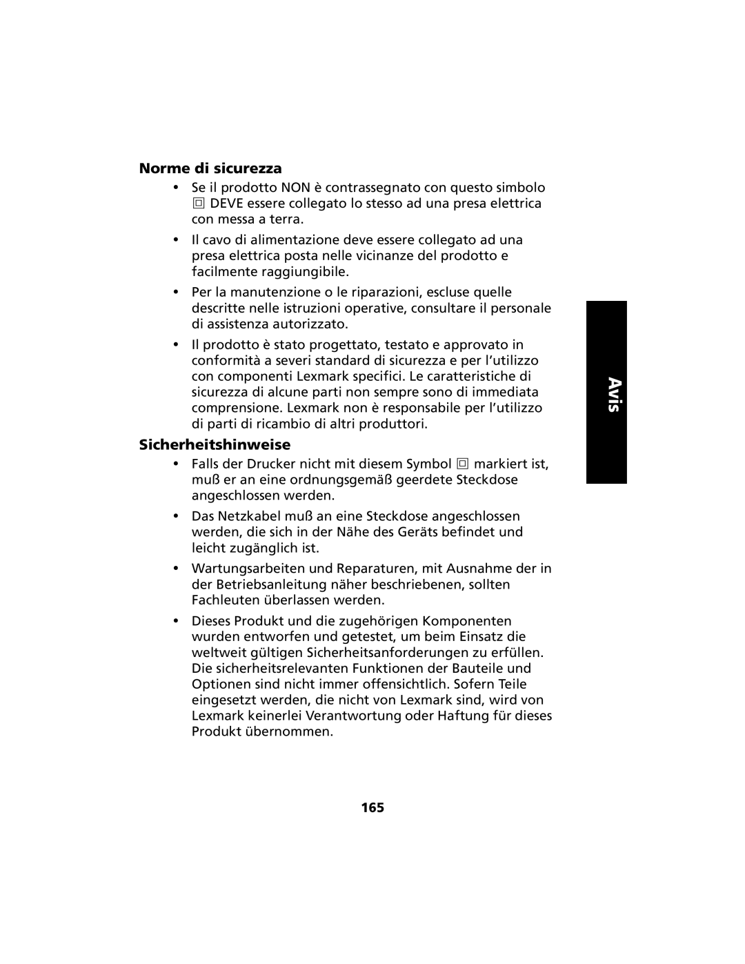 Lexmark 2400 manual Norme di sicurezza, 165 