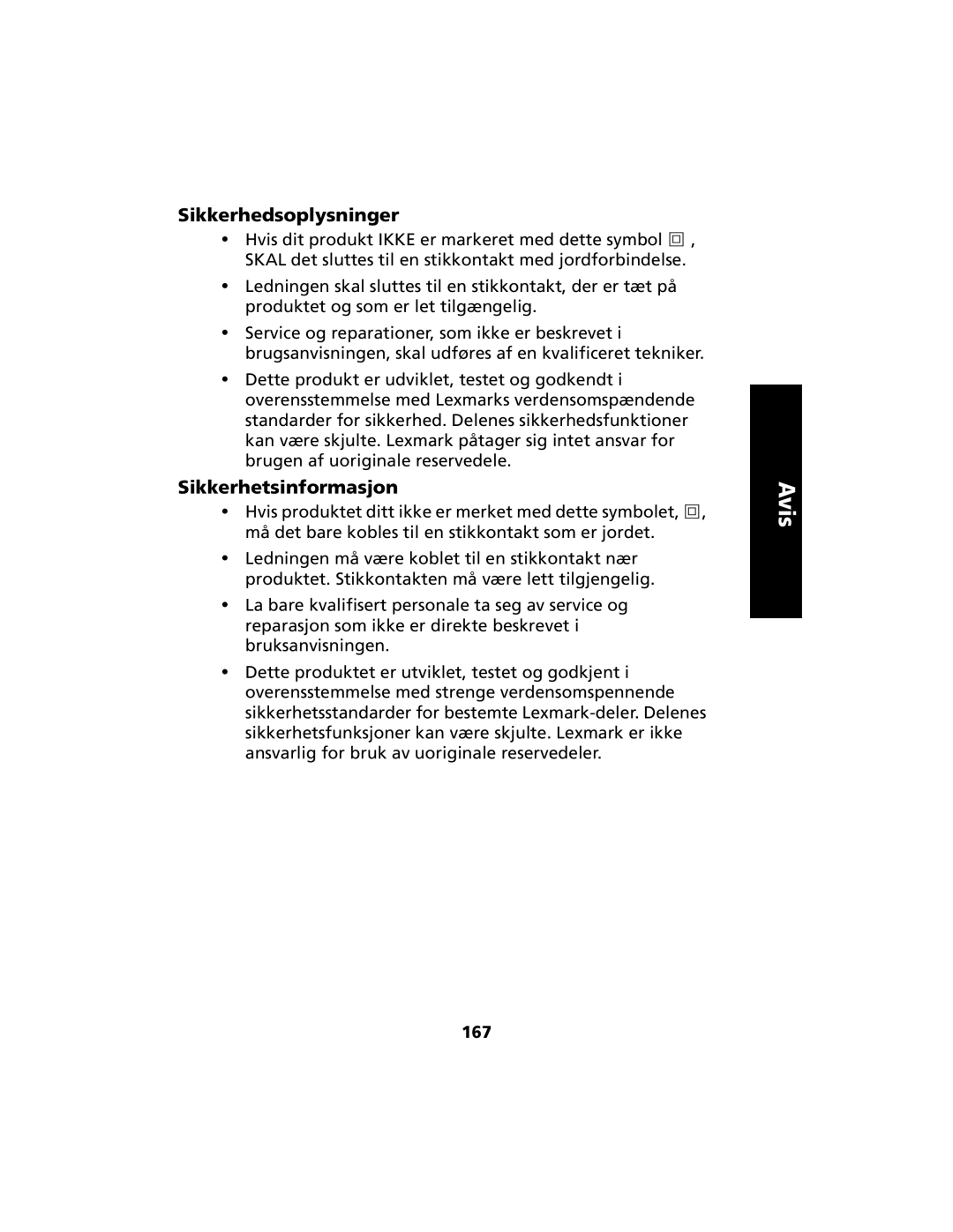 Lexmark 2400 manual Sikkerhedsoplysninger, 167 