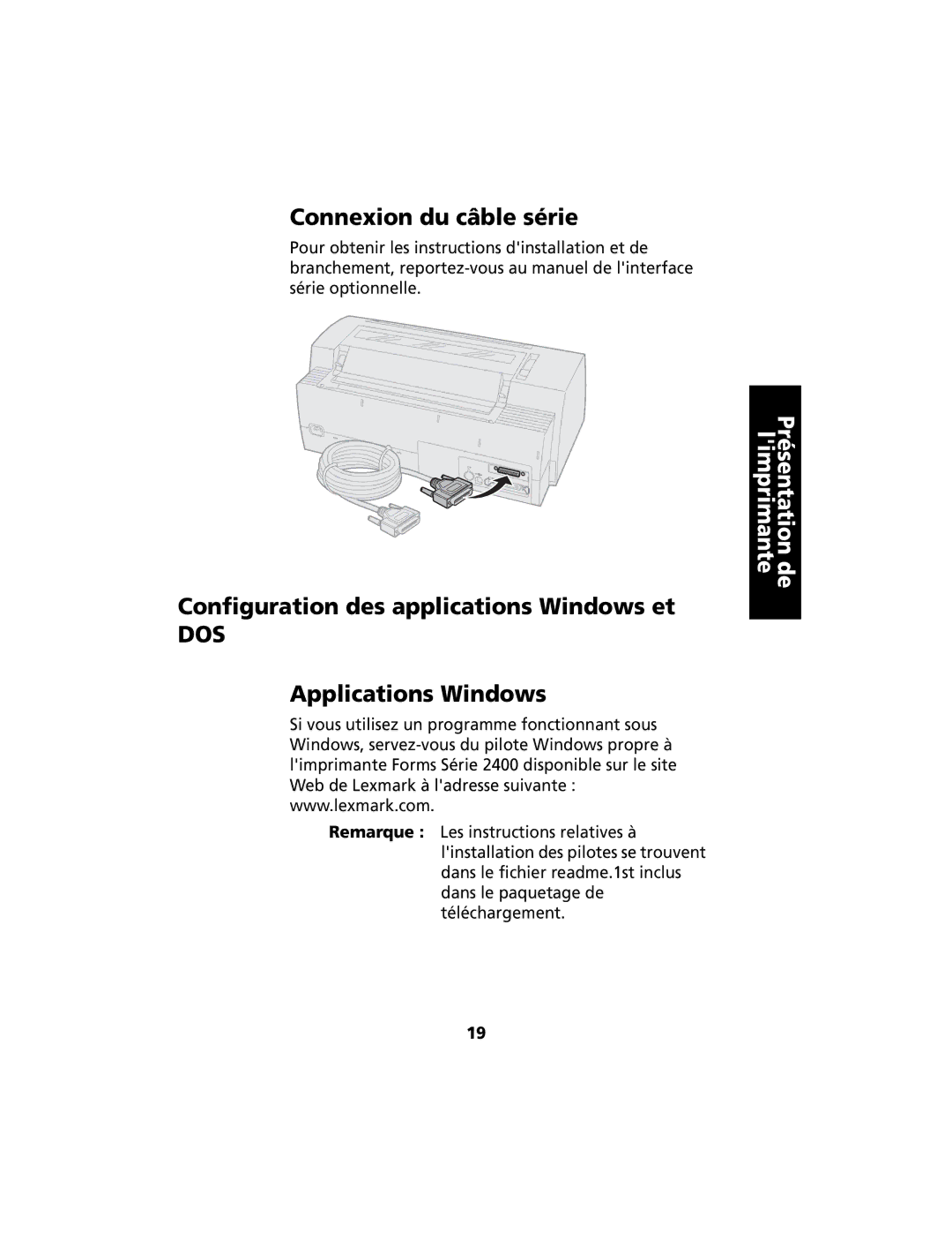 Lexmark 2400 manual Connexion du câble série, Configuration des applications Windows et, Applications Windows 