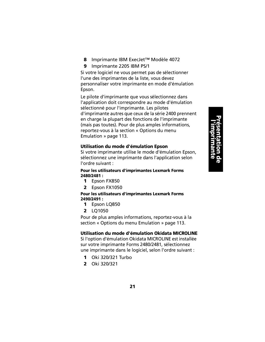 Lexmark 2400 manual Utilisation du mode démulation Epson, Pour les utilisateurs dimprimantes Lexmark Forms 2480/2481 