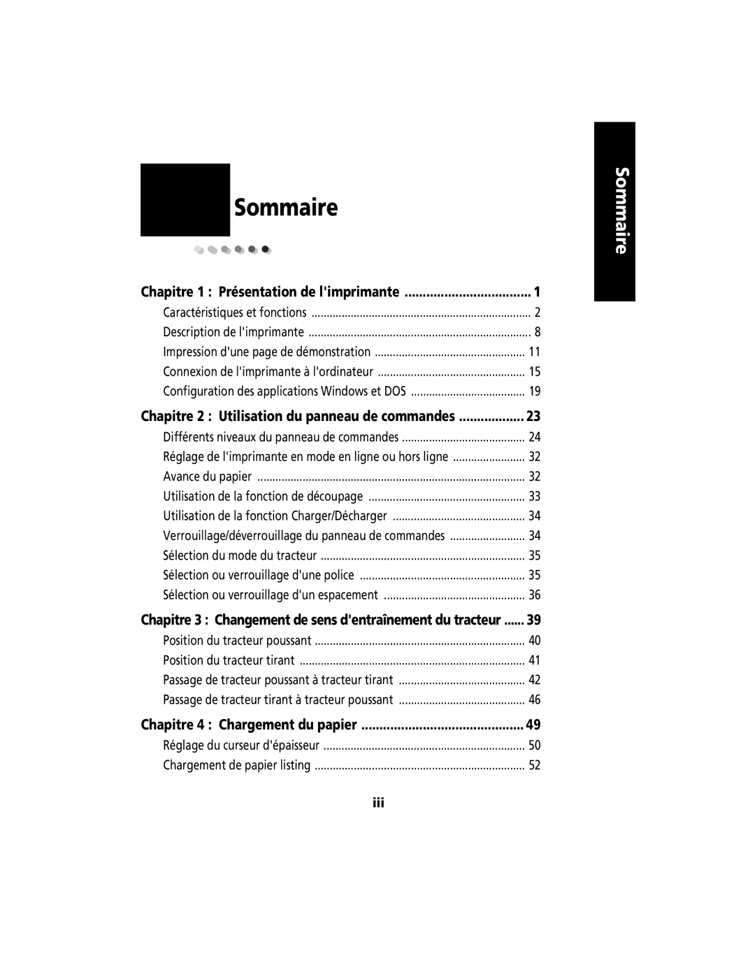 Lexmark 2400 manual Iii, Chapitre 1 Présentation de limprimante, Chapitre 2 Utilisation du panneau de commandes 