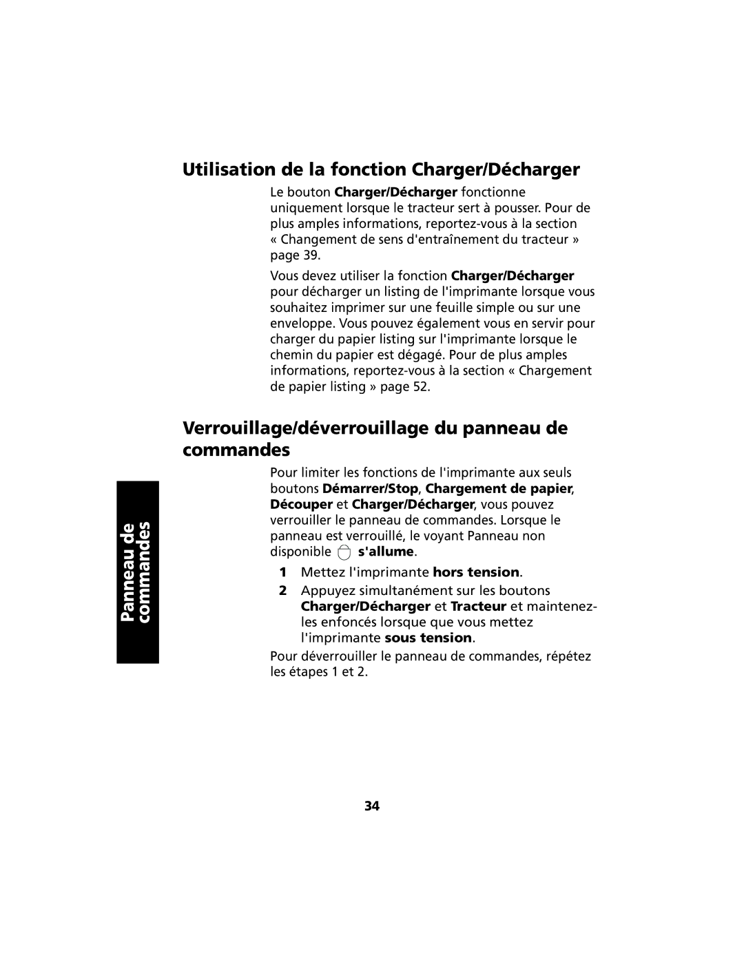 Lexmark 2400 manual Utilisation de la fonction Charger/Décharger, Verrouillage/déverrouillage du panneau de commandes 