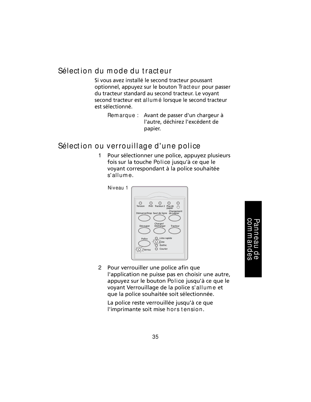 Lexmark 2400 manual Sélection du mode du tracteur, Sélection ou verrouillage dune police 