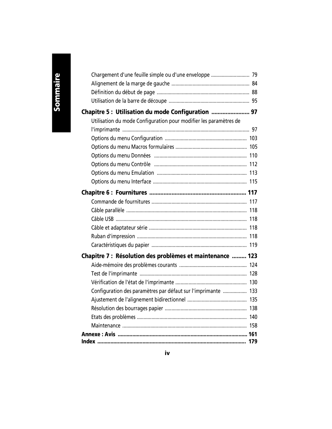 Lexmark 2400 manual Chapitre 5 Utilisation du mode Configuration, Chapitre 6 Fournitures 117, 161, 179 