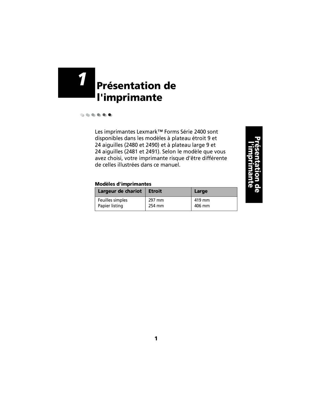 Lexmark 2400 manual Présentation de limprimante, Modèles dimprimantes Largeur de chariot Etroit 