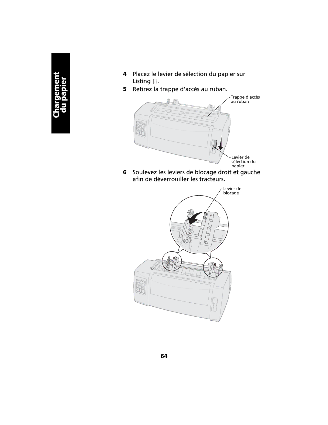 Lexmark 2400 manual Trappe daccès au ruban Levier de Sélection du papier 