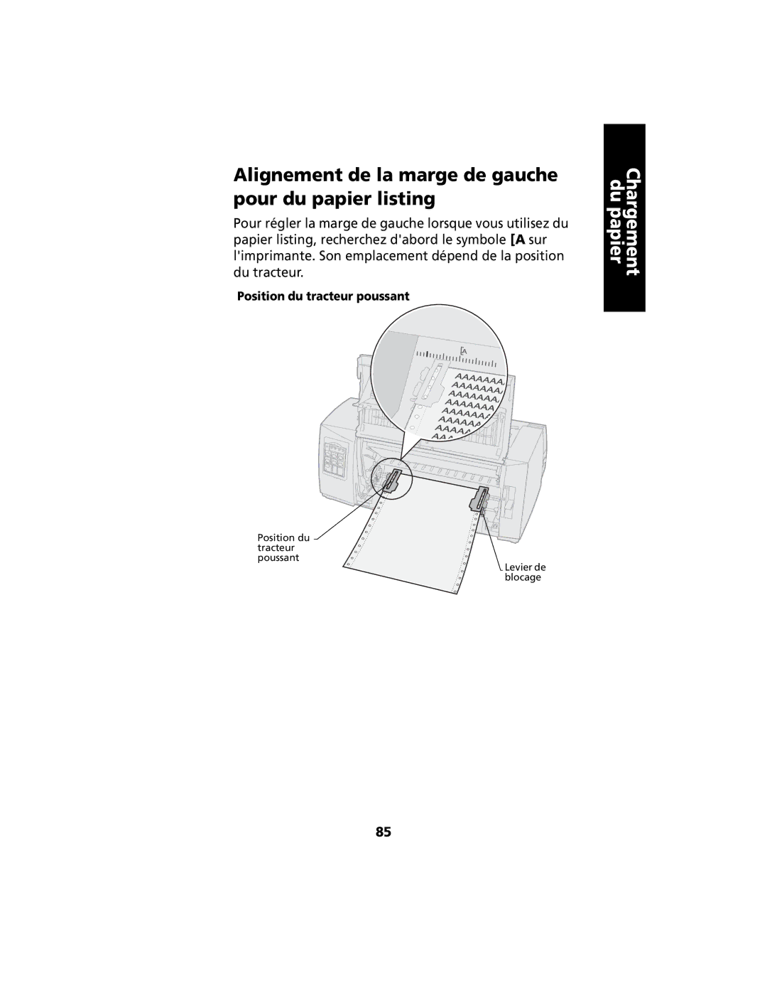 Lexmark 2400 manual Alignement de la marge de gauche pour du papier listing, Position du tracteur poussant 