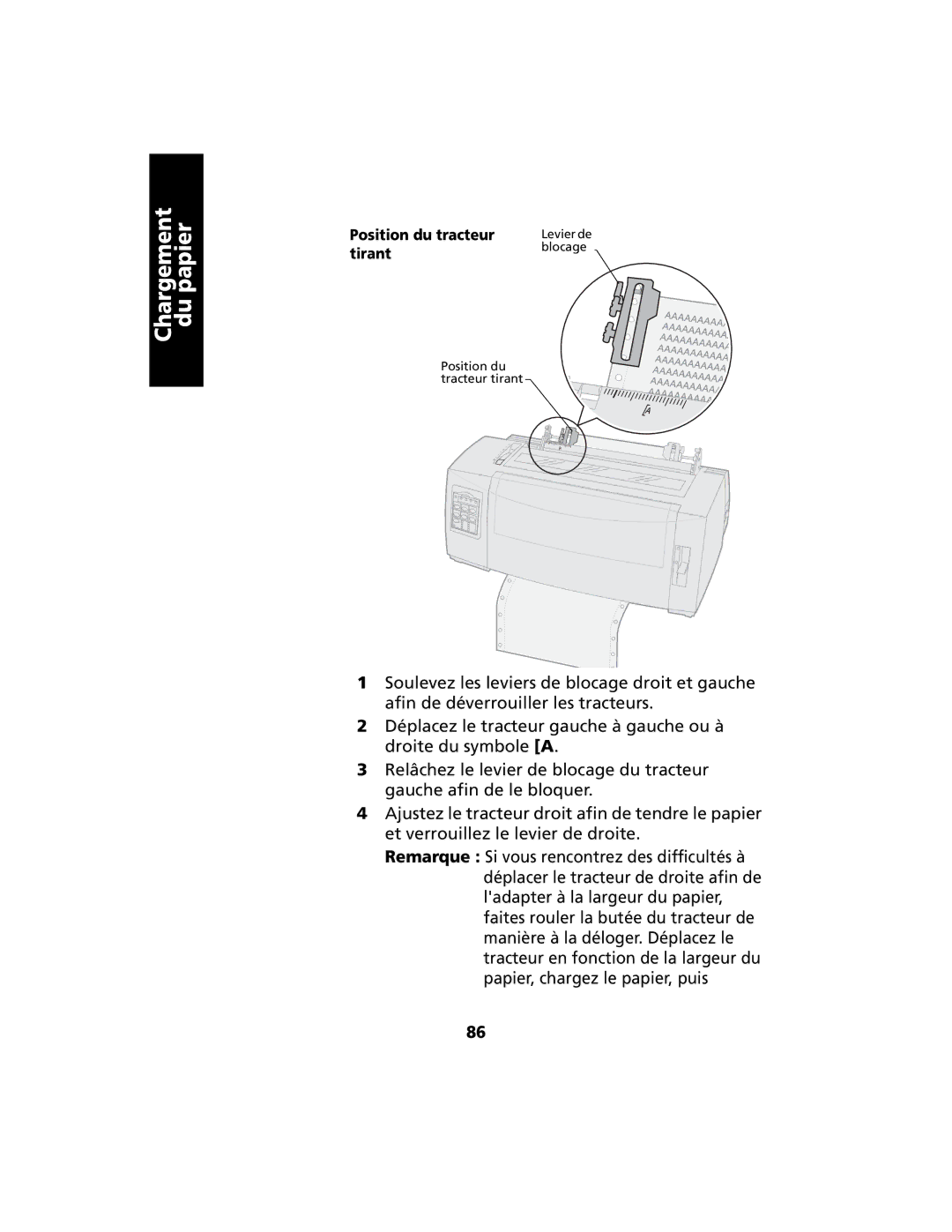 Lexmark 2400 manual Position du tracteur, Tirant 