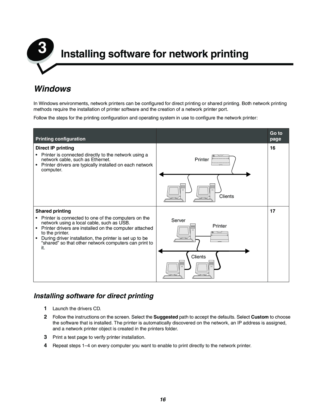 Lexmark 240n manual Installing software for network printing, Installing software for direct printing, Direct IP printing 