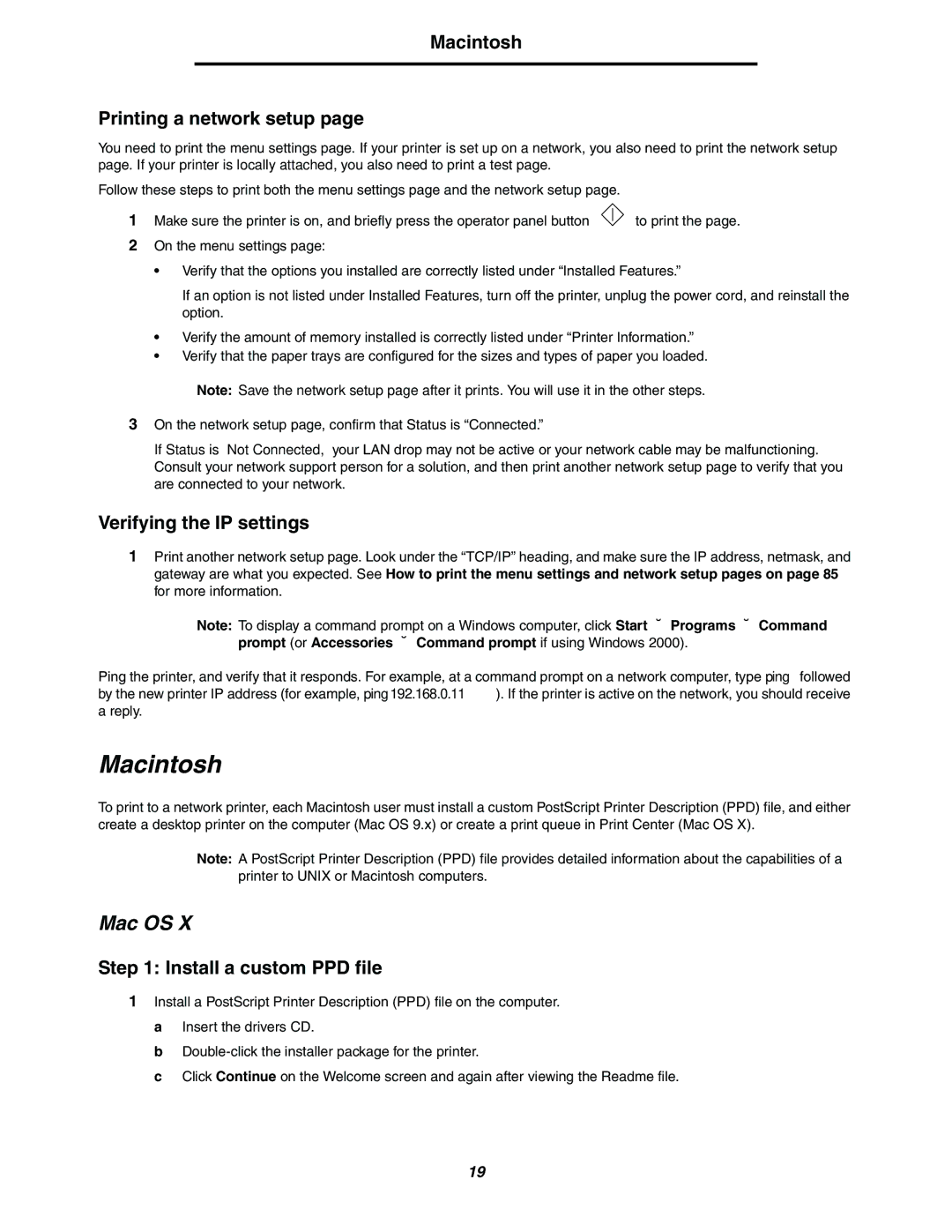 Lexmark 240n manual Mac OS, Macintosh Printing a network setup, Verifying the IP settings, Install a custom PPD file 