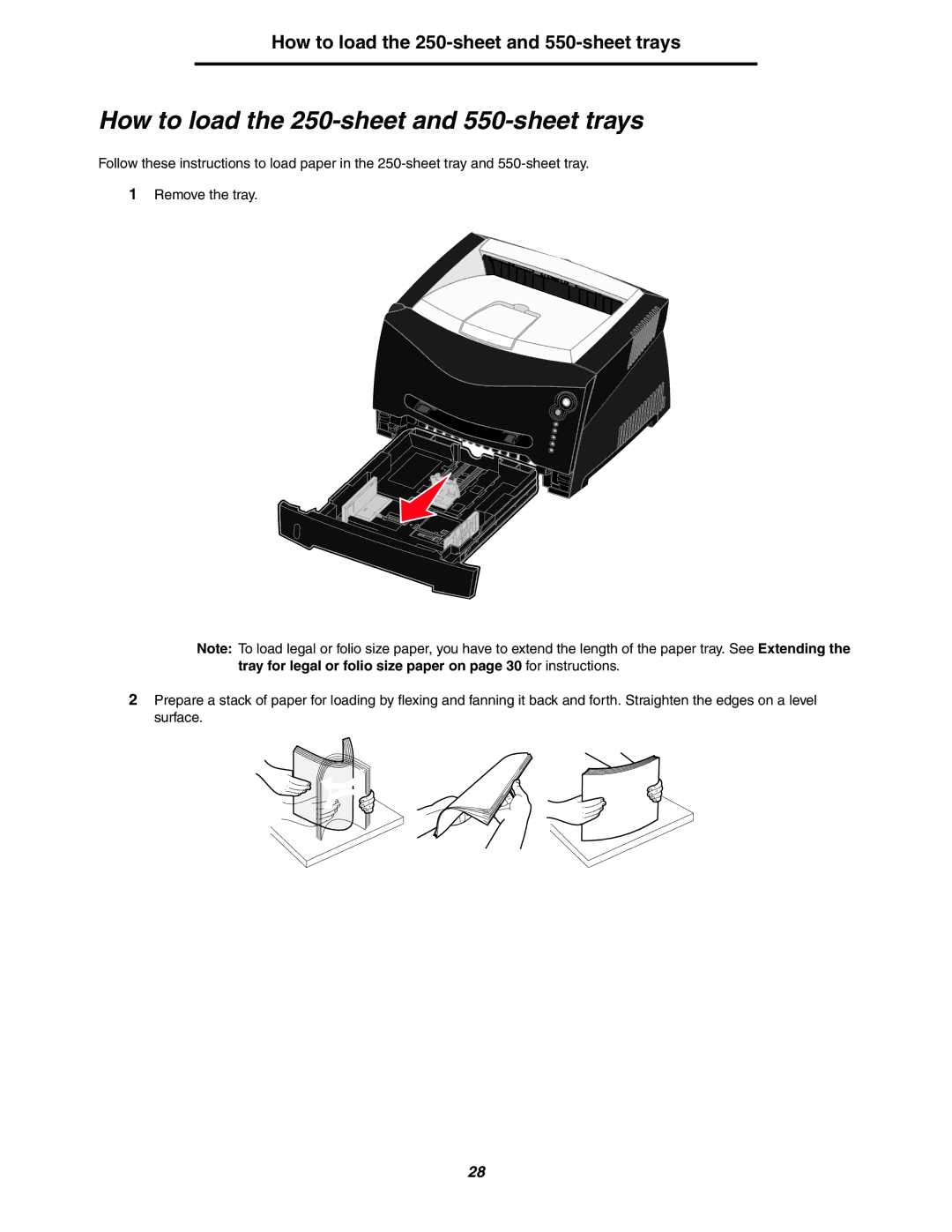 Lexmark 240n manual How to load the 250-sheet and 550-sheet trays 