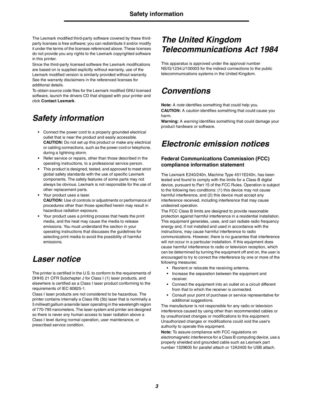 Lexmark 240n manual United Kingdom Telecommunications Act, Conventions Safety information, Laser notice 