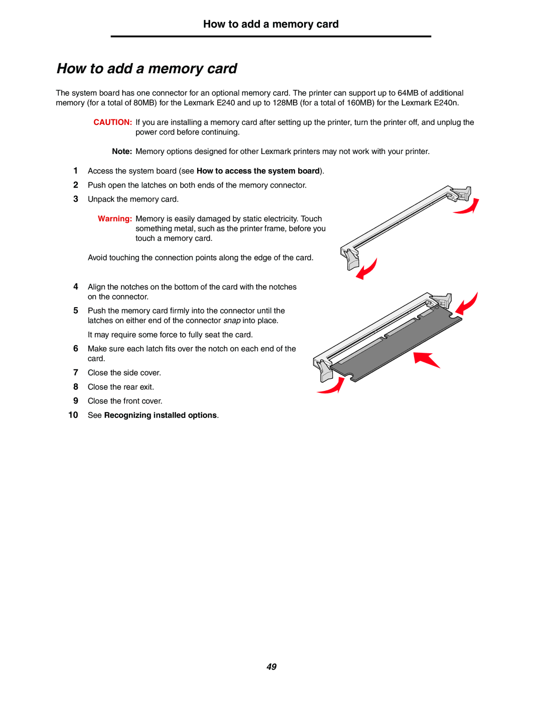 Lexmark 240n manual How to add a memory card, See Recognizing installed options 