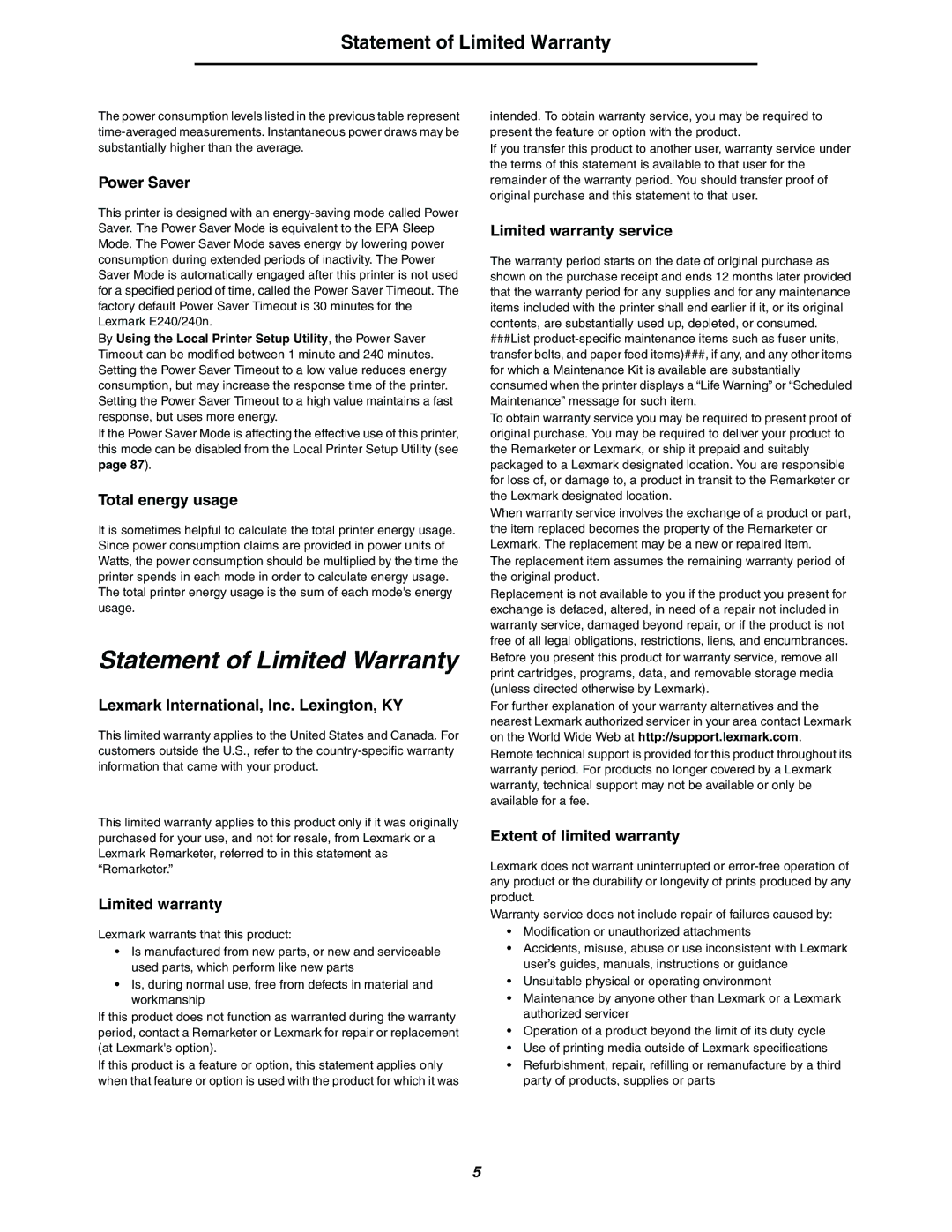 Lexmark 240n manual Statement of Limited Warranty 