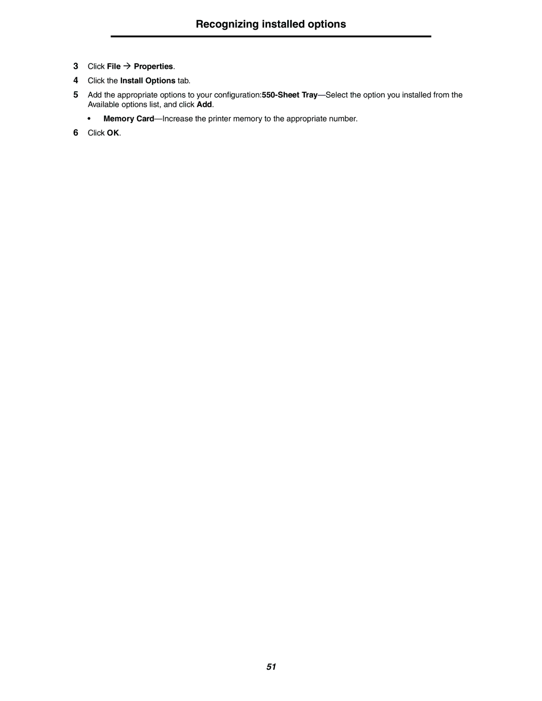 Lexmark 240n manual Recognizing installed options, Click File Æ Properties Click the Install Options tab 