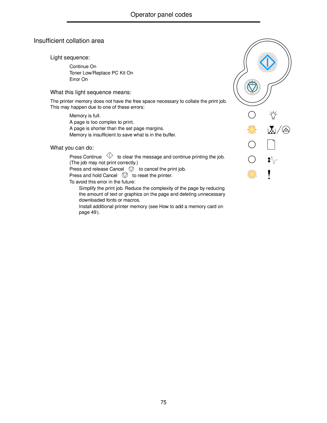 Lexmark 240n manual Operator panel codes Insufficient collation area, Press and release Cancel 