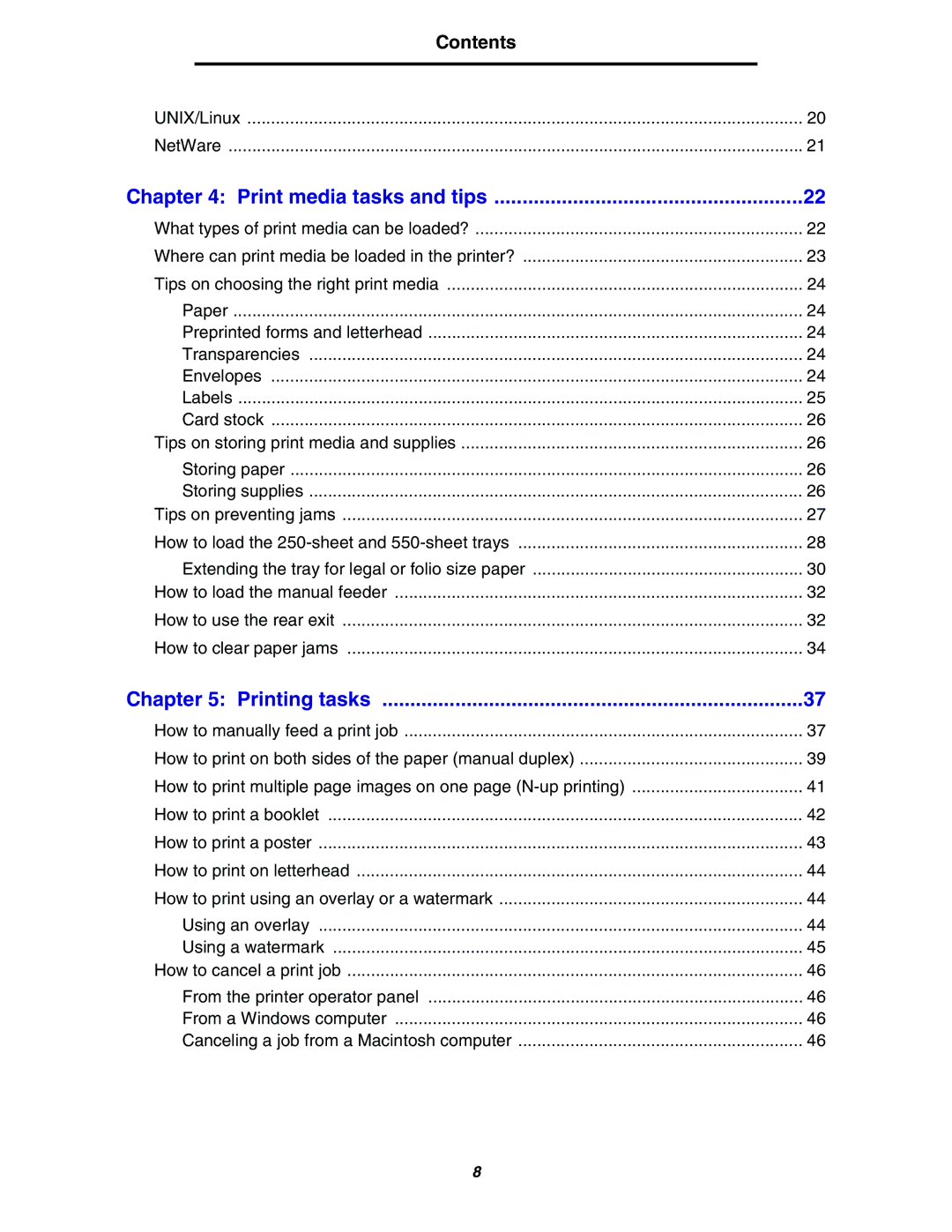 Lexmark 240n manual Print media tasks and tips, Contents 