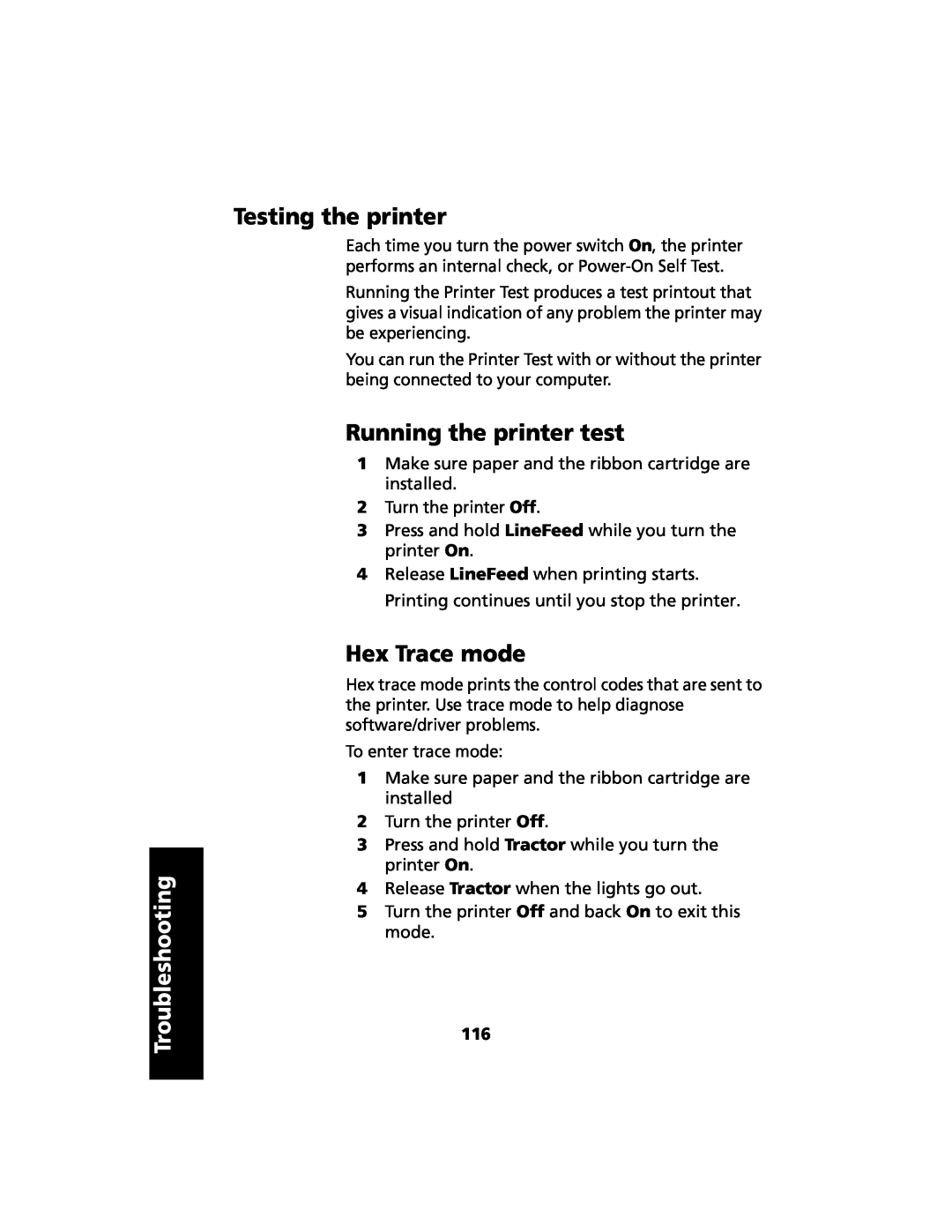 Lexmark 2480 manual Testing the printer, Running the printer test, Hex Trace mode, Troubleshooting 