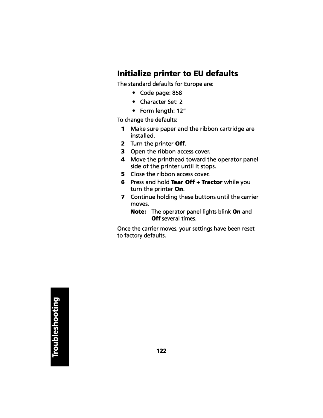Lexmark 2480 manual Initialize printer to EU defaults, Troubleshooting 