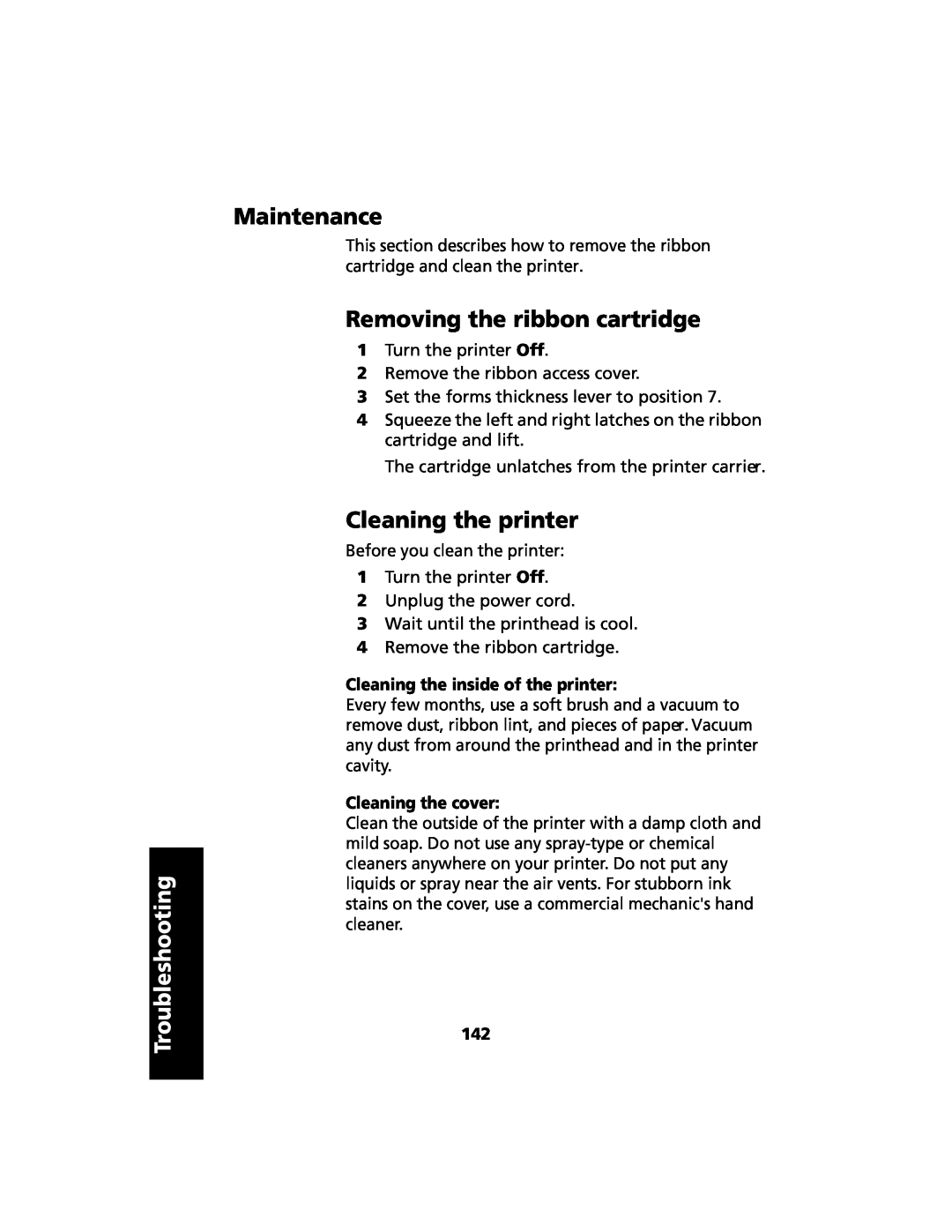 Lexmark 2480 manual Maintenance, Removing the ribbon cartridge, Cleaning the printer, Cleaning the inside of the printer 