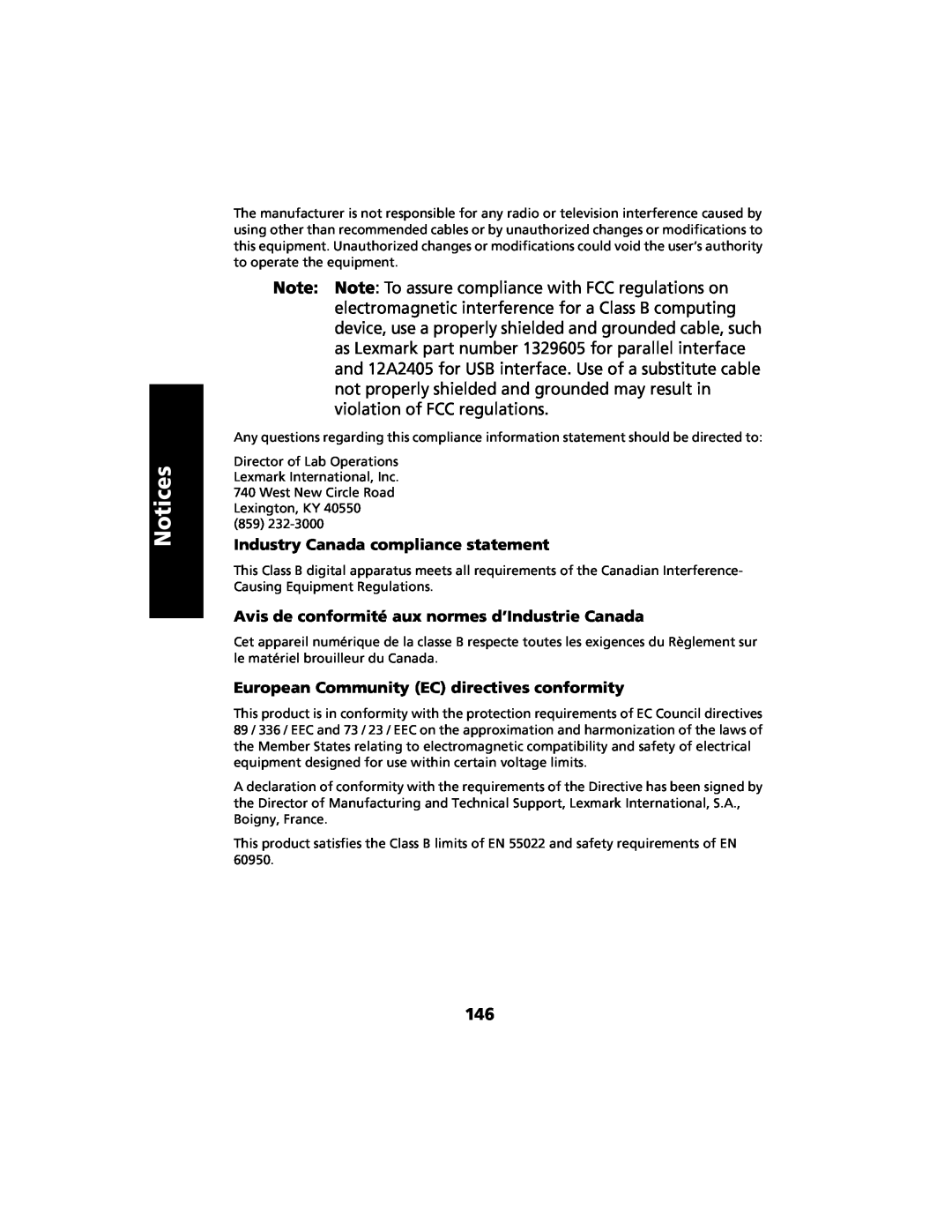 Lexmark 2480 manual Notices, Industry Canada compliance statement, Avis de conformité aux normes d’Industrie Canada 