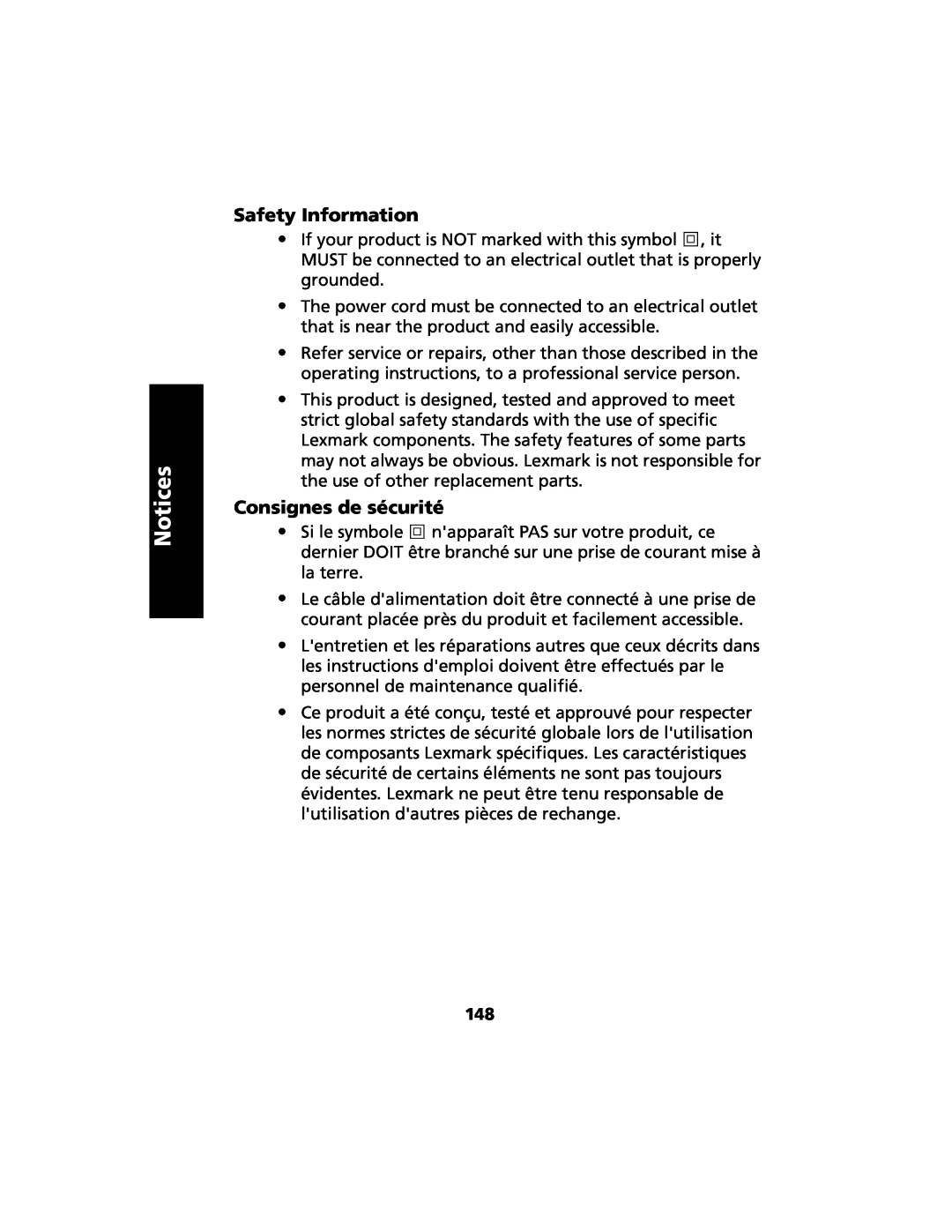 Lexmark 2480 manual Safety Information, Consignes de sécurité, Notices 