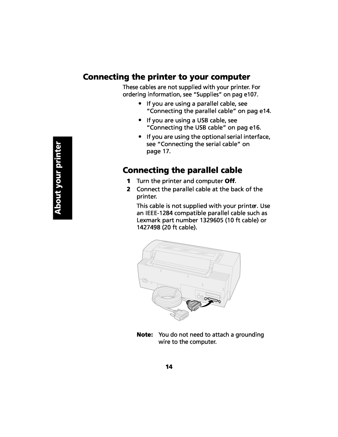 Lexmark 2480 manual Connecting the printer to your computer, Connecting the parallel cable, About your printer 