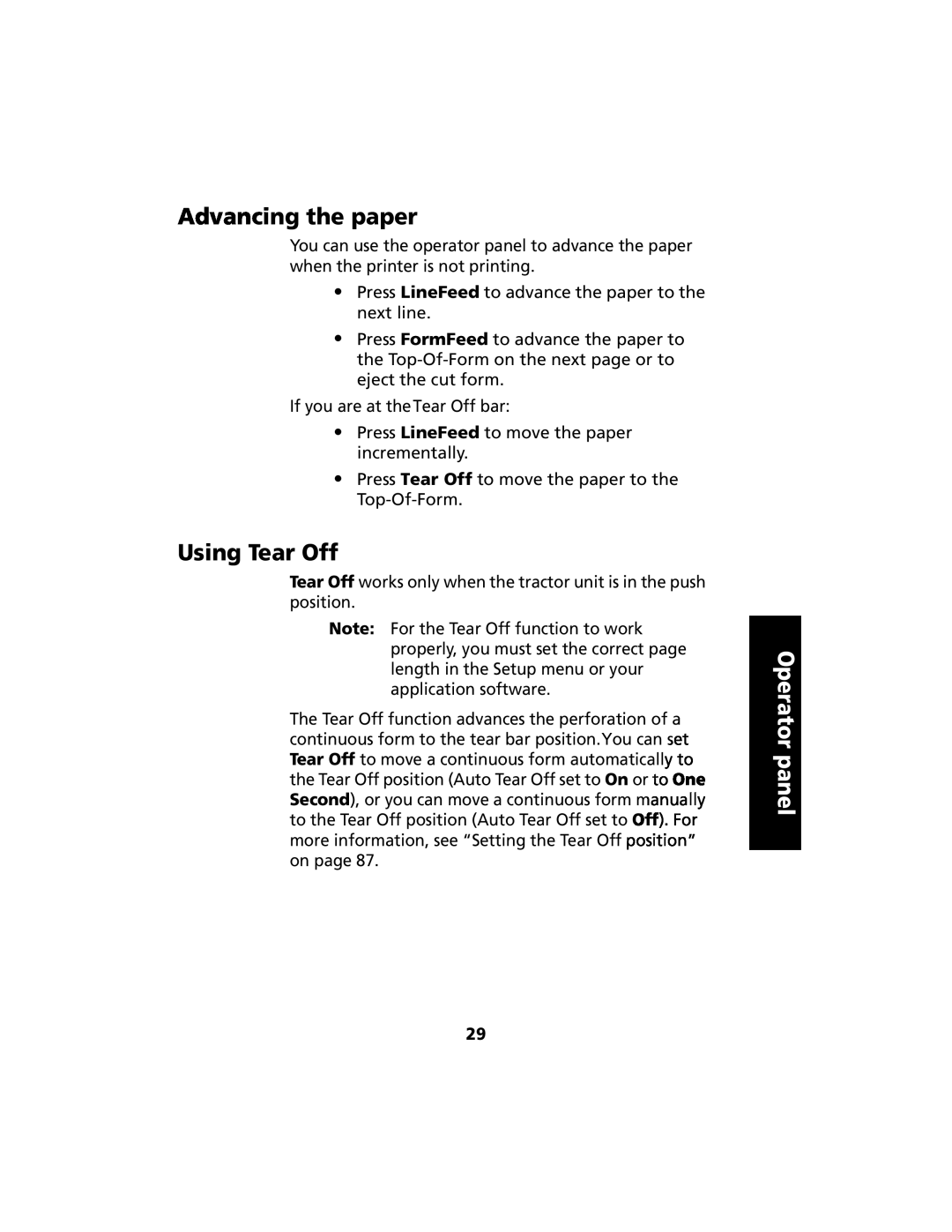 Lexmark 2480 manual Advancing the paper, Using Tear Off, Operator panel 