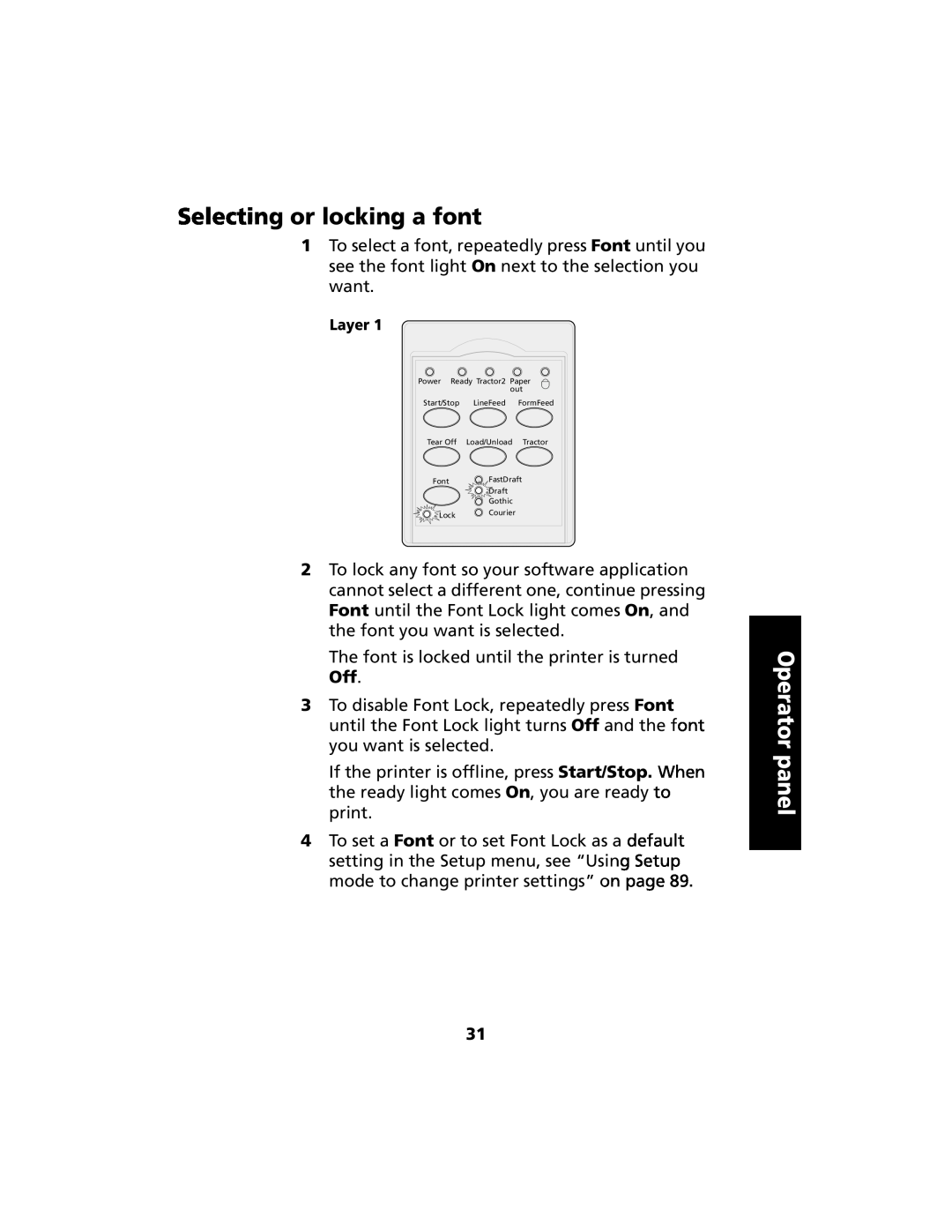 Lexmark 2480 manual Selecting or locking a font, Operator panel 