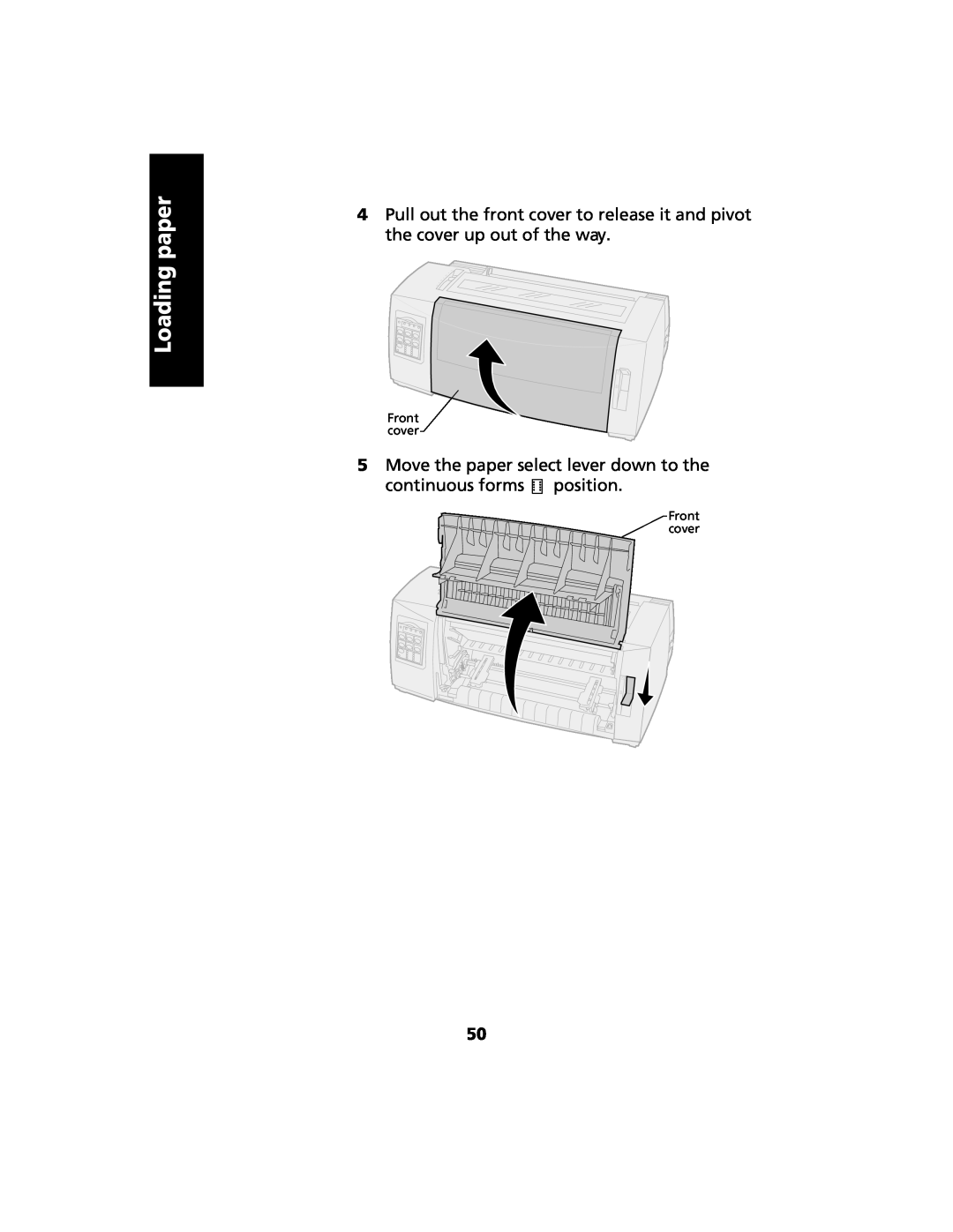 Lexmark 2480 manual Loading paper, Move the paper select lever down to the continuous forms position, Front cover 