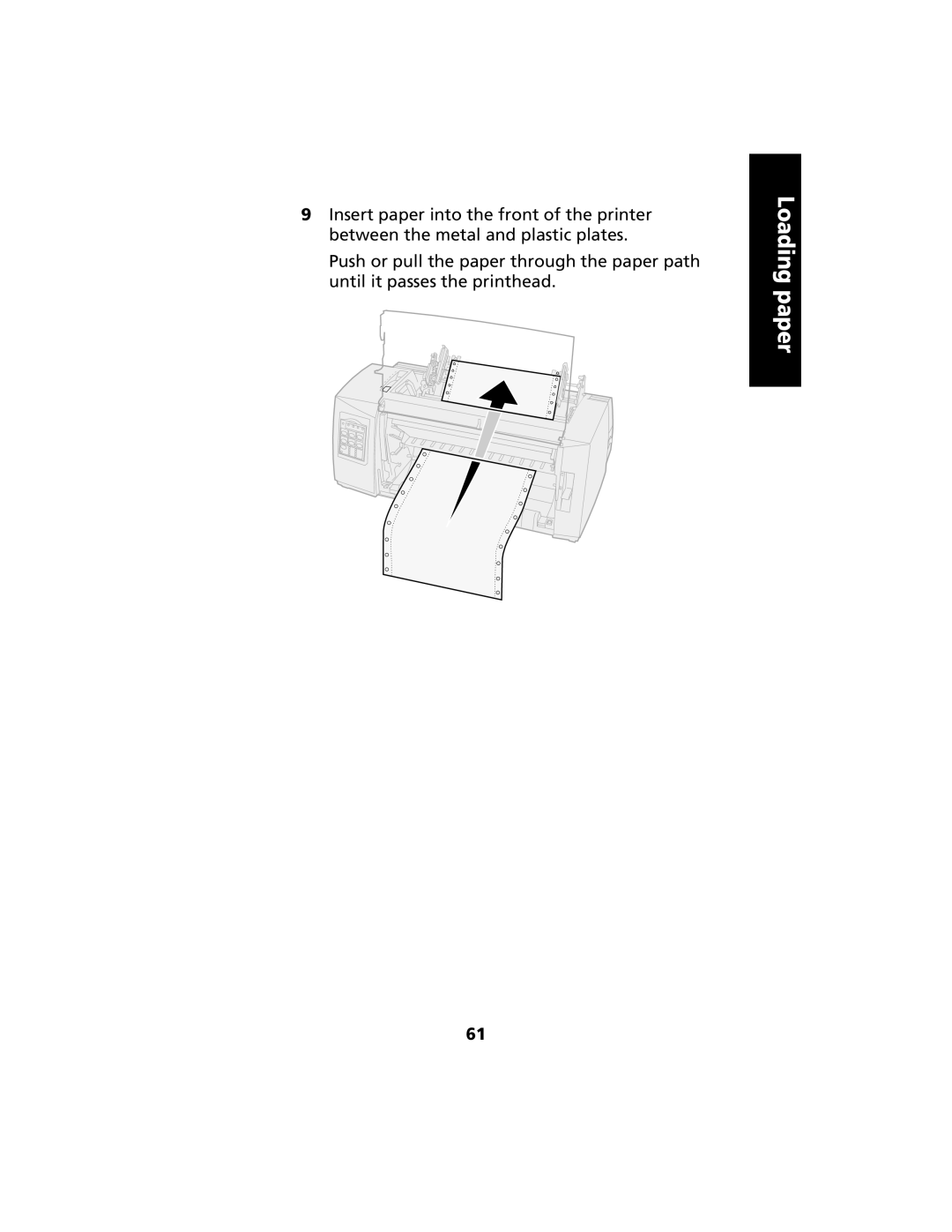 Lexmark 2480 manual Loading paper, Insert paper into the front of the printer between the metal and plastic plates 