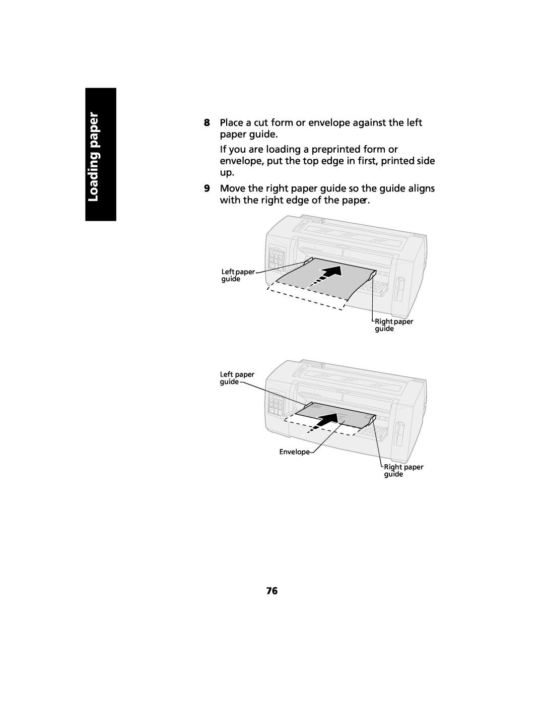 Lexmark 2480 manual Loading paper, Place a cut form or envelope against the left paper guide 