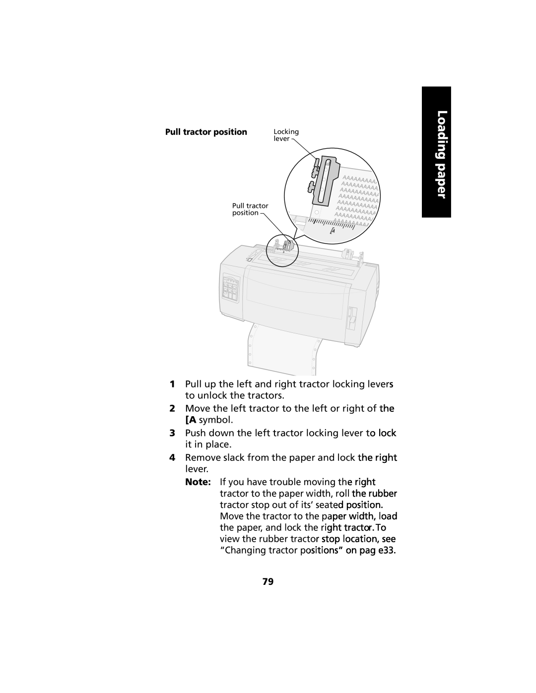 Lexmark 2480 manual Loading paper, Move the left tractor to the left or right of the A symbol 