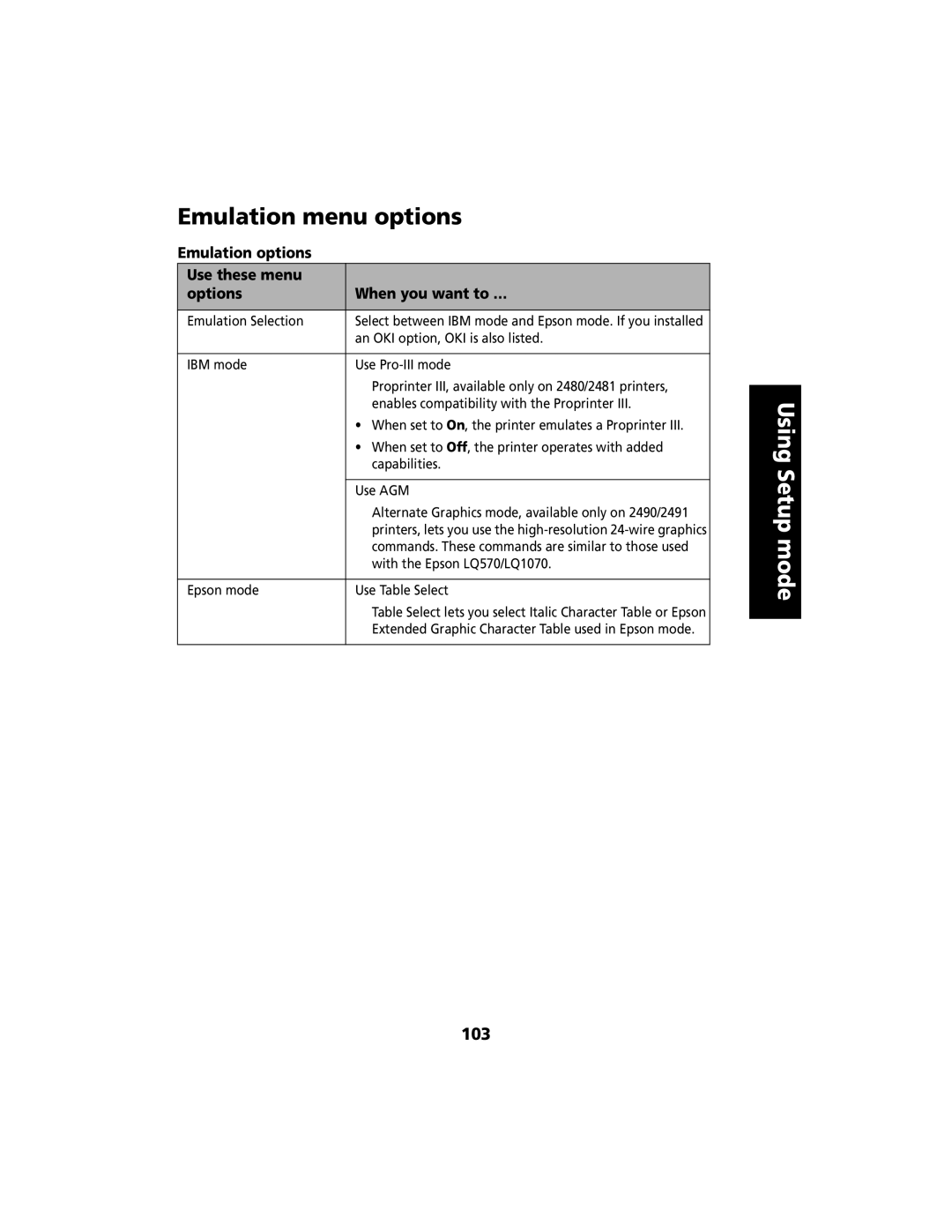 Lexmark 2480 manual Emulation menu options, 103, Emulation options Use these menu Options When you want to … 