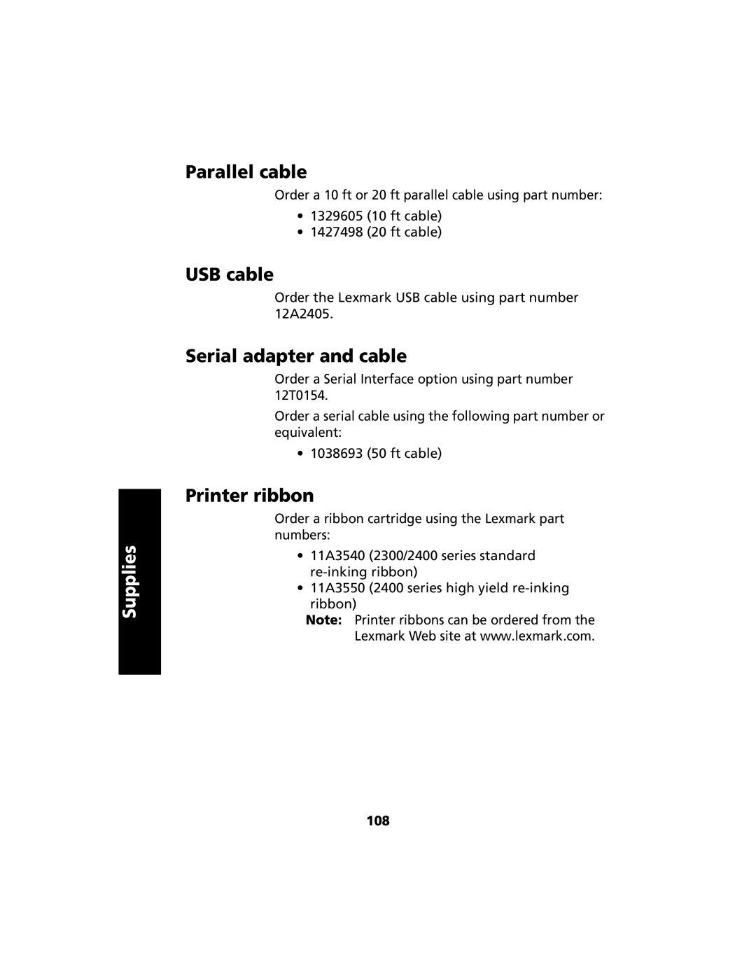 Lexmark 2480 manual Parallel cable, USB cable, Serial adapter and cable, Printer ribbon, 108 