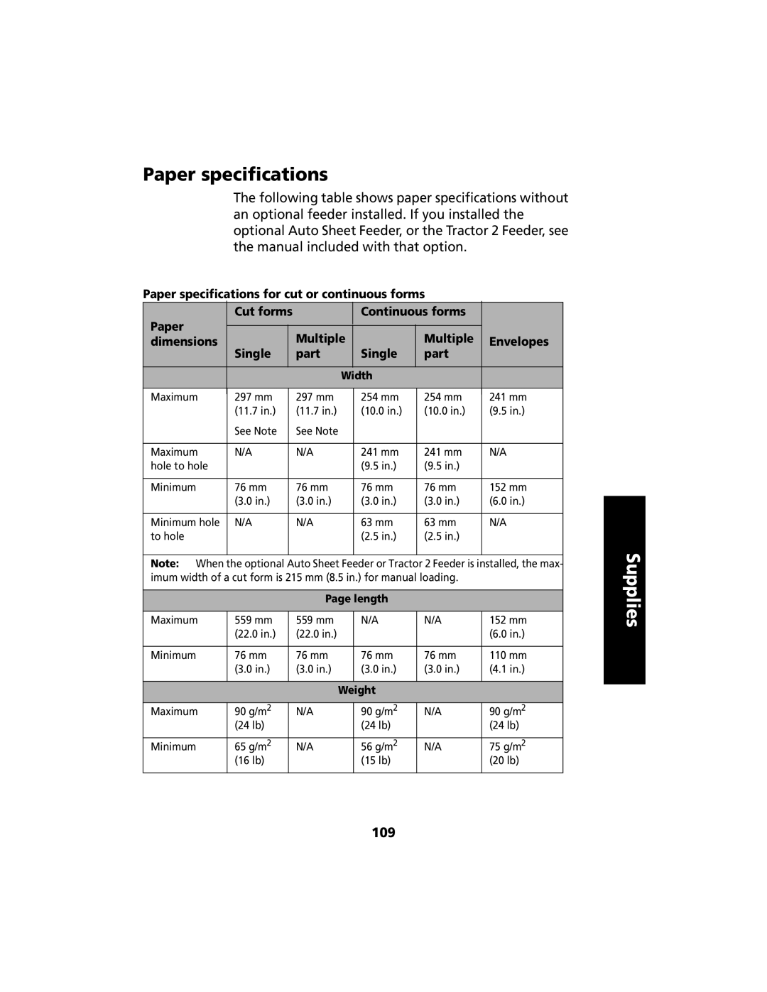 Lexmark 2480 manual Paper specifications, 109, Width, Length, Weight 