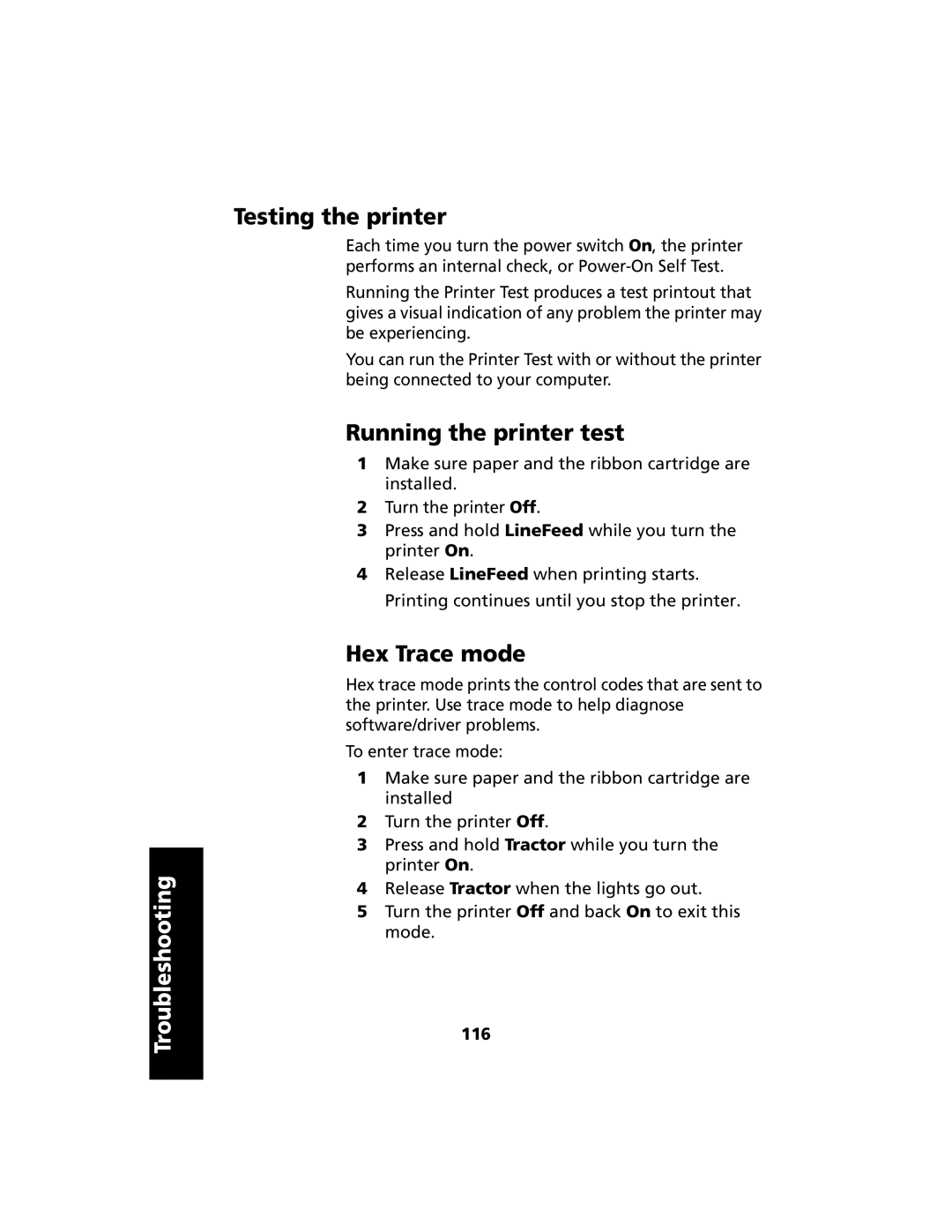 Lexmark 2480 manual Testing the printer, Running the printer test, Hex Trace mode, 116 