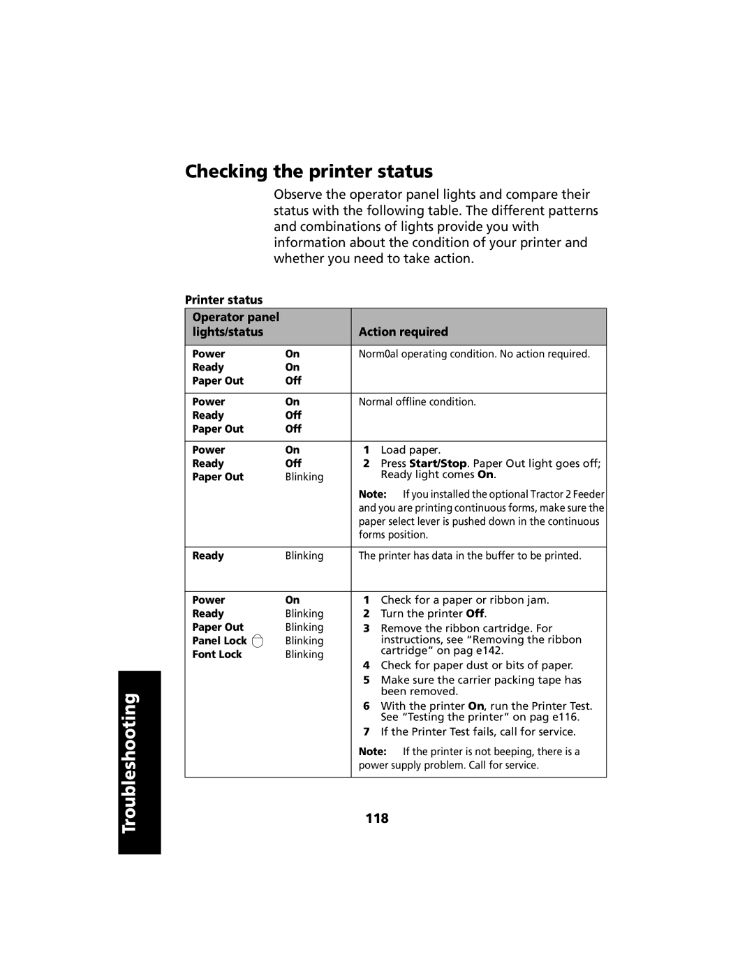 Lexmark 2480 Checking the printer status, 118, Printer status Operator panel Lights/status Action required, Forms position 