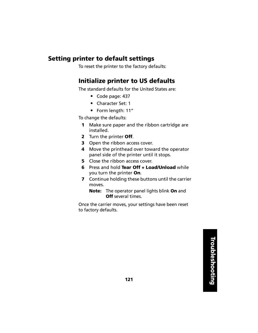 Lexmark 2480 manual Setting printer to default settings, Initialize printer to US defaults, 121 