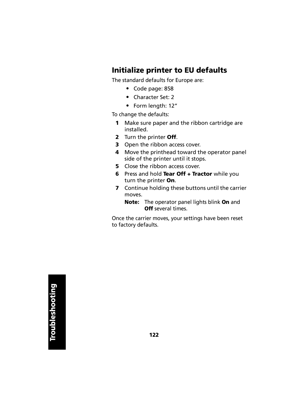 Lexmark 2480 manual Initialize printer to EU defaults, 122 