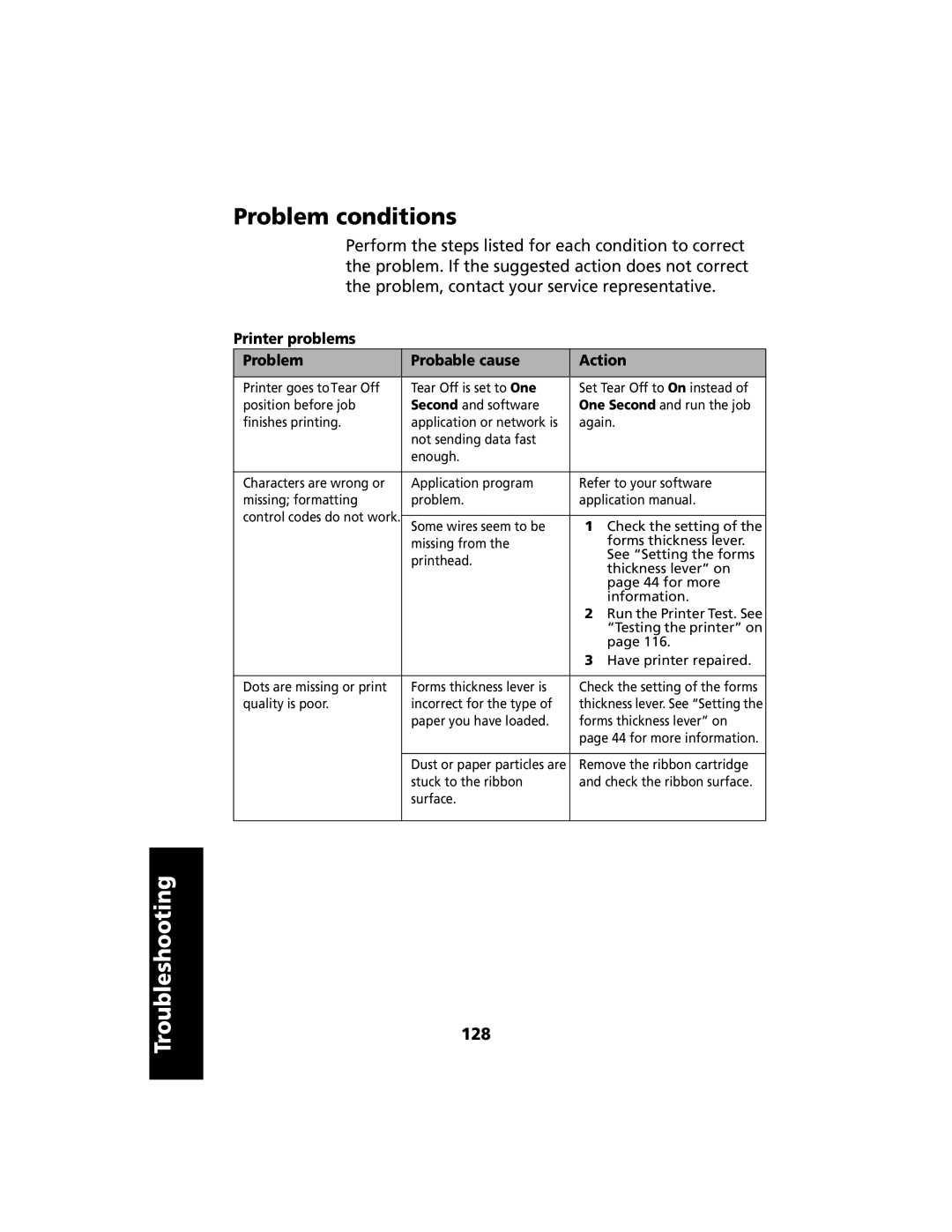 Lexmark 2480 manual Problem conditions, 128, Printer problems Problem Probable cause Action 