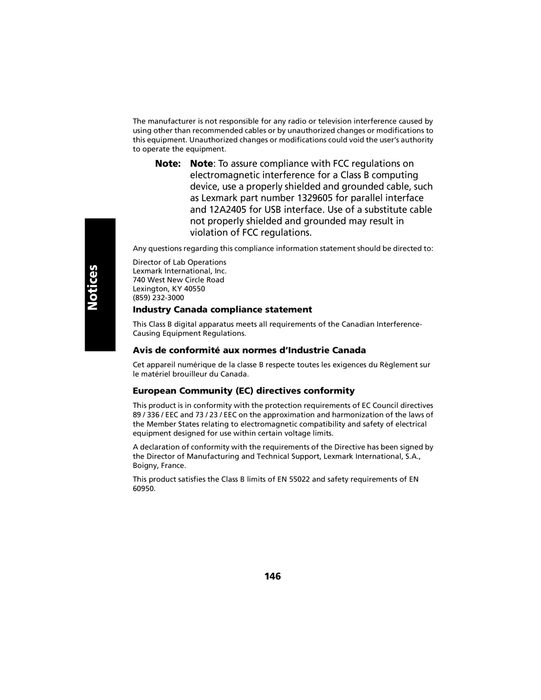 Lexmark 2480 manual 146, Industry Canada compliance statement, Avis de conformité aux normes d’Industrie Canada 